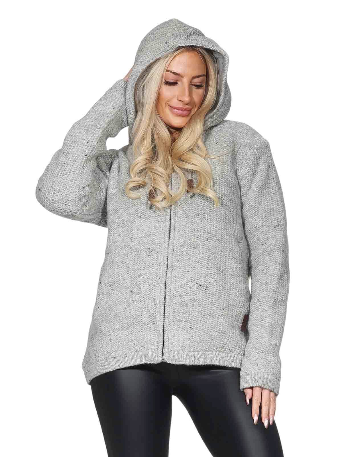 KUNST UND MAGIE Kapuzenstrickjacke Klassische Damen Strickjacke Wolle Jacke+Fleecefutter und Kapuze – Bild 2 von 5