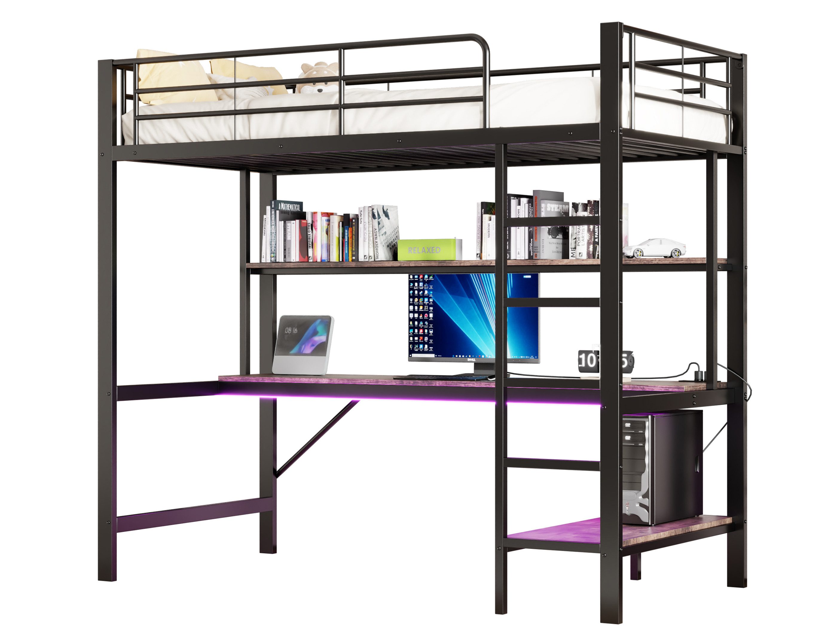SeedWave Hochbett Vielseitige LED Hochbett Einzelbett mit Schreibtisch, 90/140 x 200cm Mit 2 Regalen, 5-Stufige vertikale Leiter
