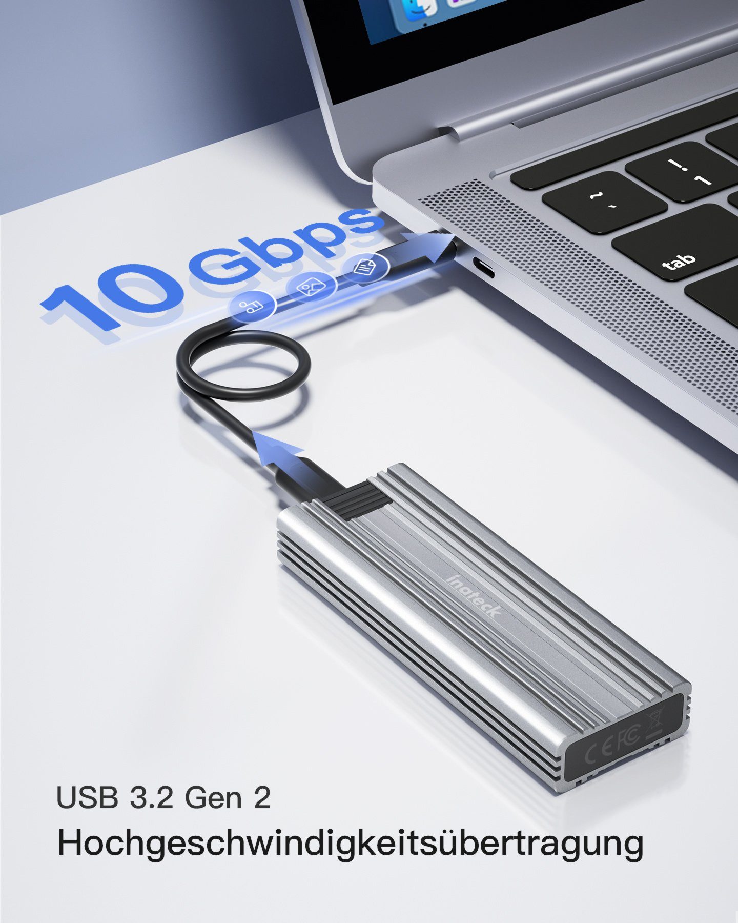 Inateck NVMe USB C Festplattengehäuse, zu silber USB zu und mit Gbps, 10 C Festplatten-Gehäuse M.2 A C Kabel