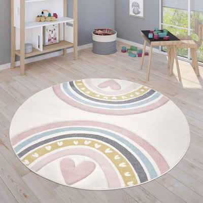 Kinderteppich Cosmos 351, Paco Home, rund, Höhe: 16 mm, Kurzflor, Spielteppich, Motiv Regenbogen & Herz, Kinderzimmer