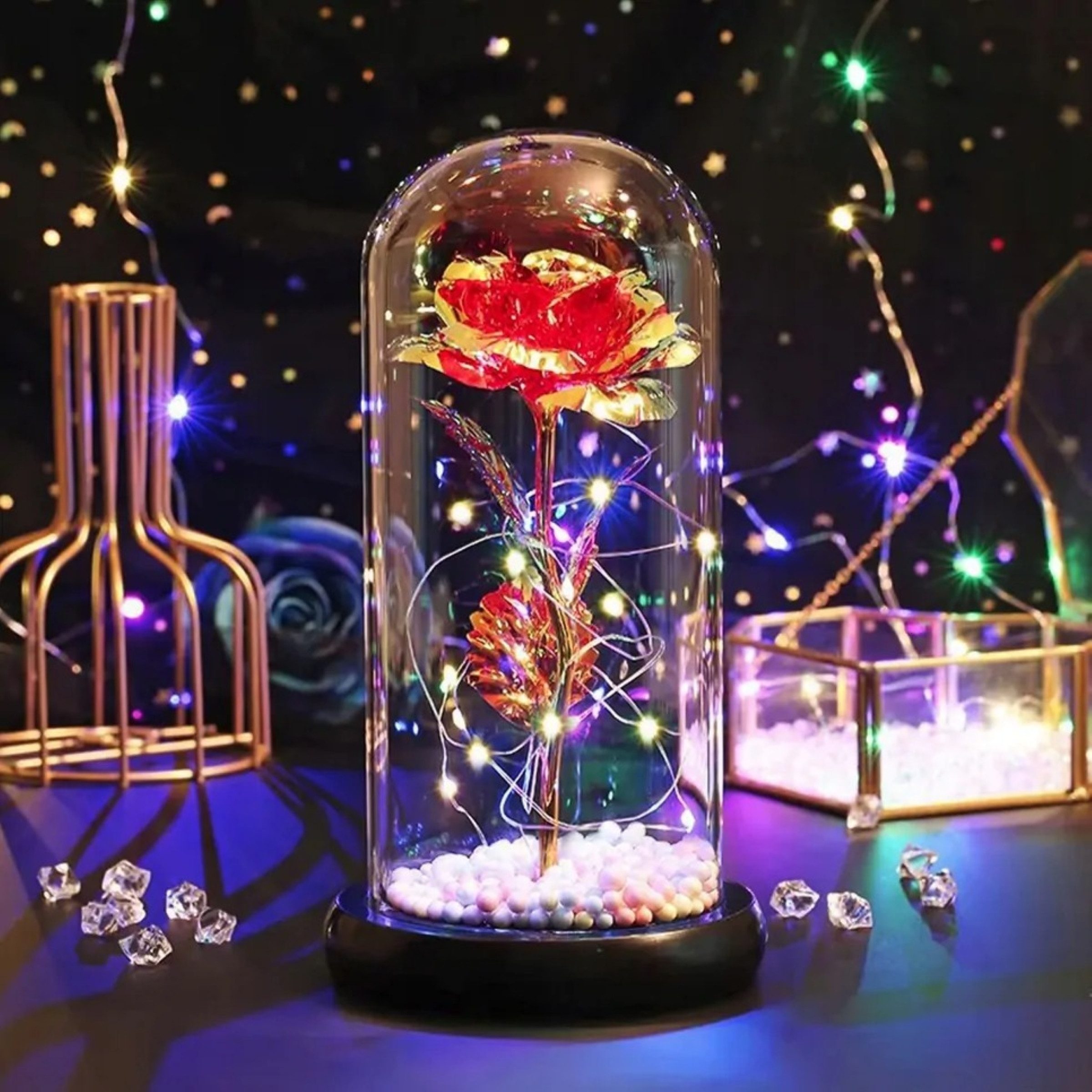 AMORE MIO LED Dekoobjekt LED Rose Acrylglas Deko Rose mit Licht Geschenk Dekoration, LED fest integriert, warmweiß, LED Rose warmweiß Acrylglas Kuppel Batteriebetrieb Dekoration