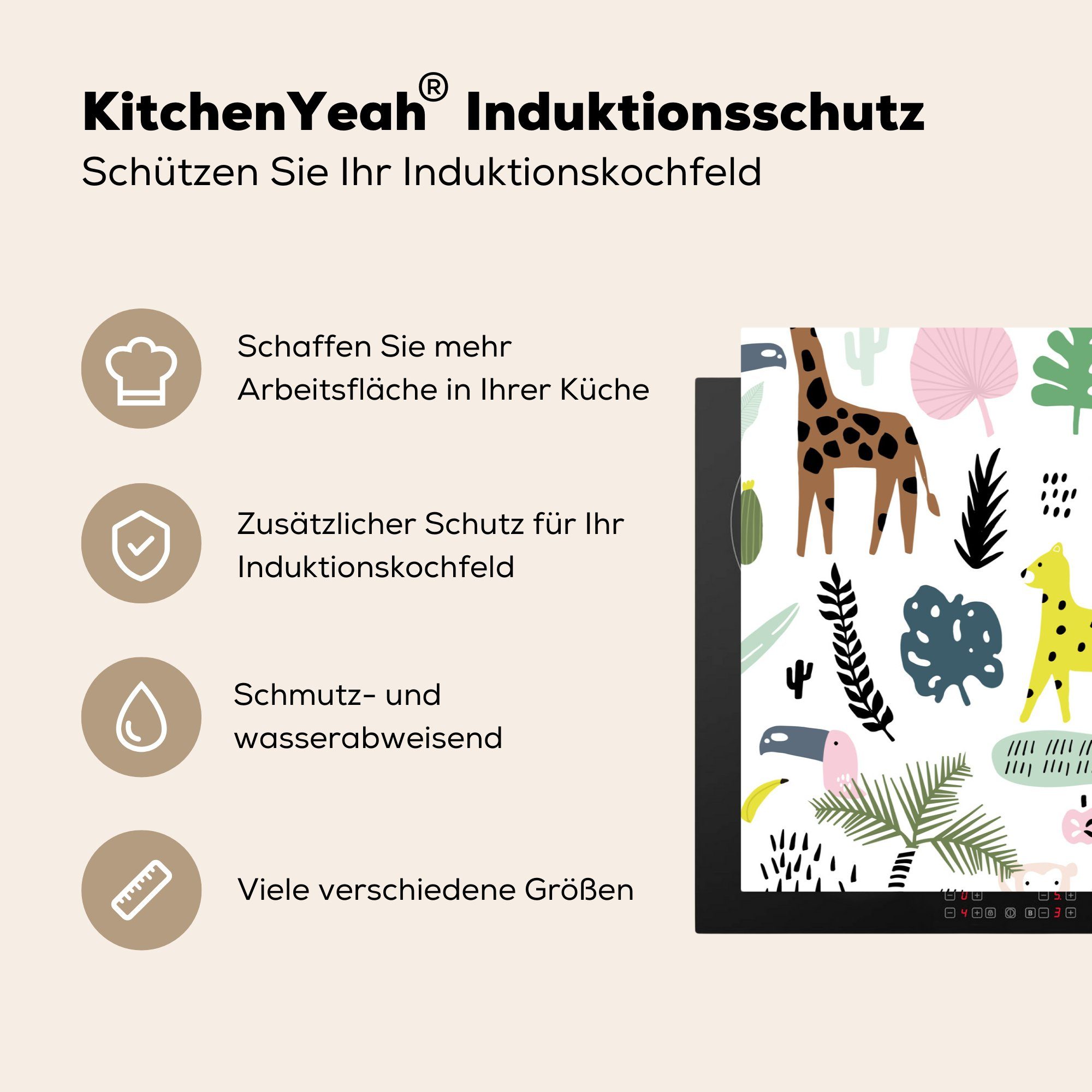 Induktionskochfeld für Dschungel Vinyl, die Muster Schutz Ceranfeldabdeckung küche, (1 Herdblende-/Abdeckplatte MuchoWow - cm, Tiere, 81x52 - tlg),