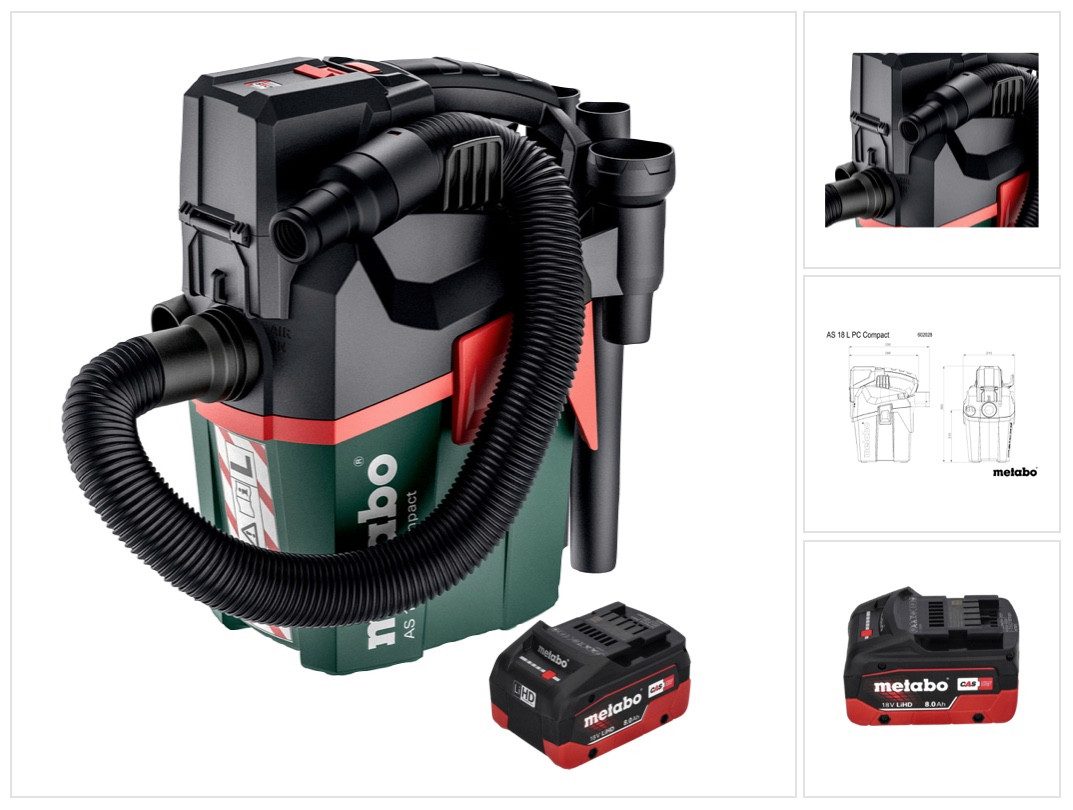 metabo Staubabsauger AS 18 L PC Compact Akku Sauger 18 V 6 l IPX4 Staubklasse L Nass