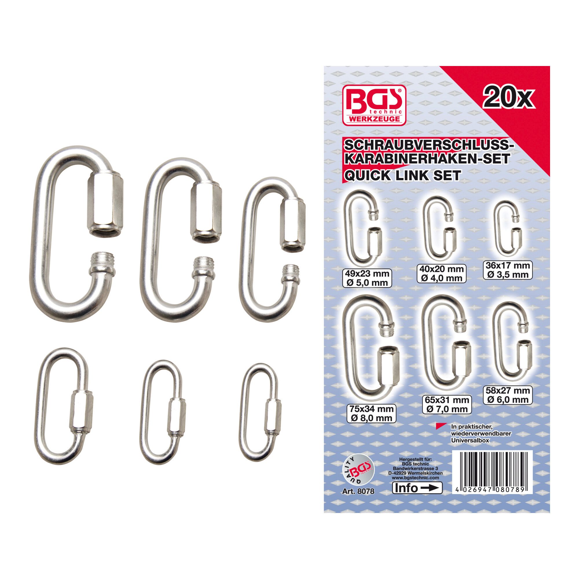 BGS technic Karabiner BGS Schraubverschluss-Karabinerhaken-Sortiment 8078, 20-tlg.