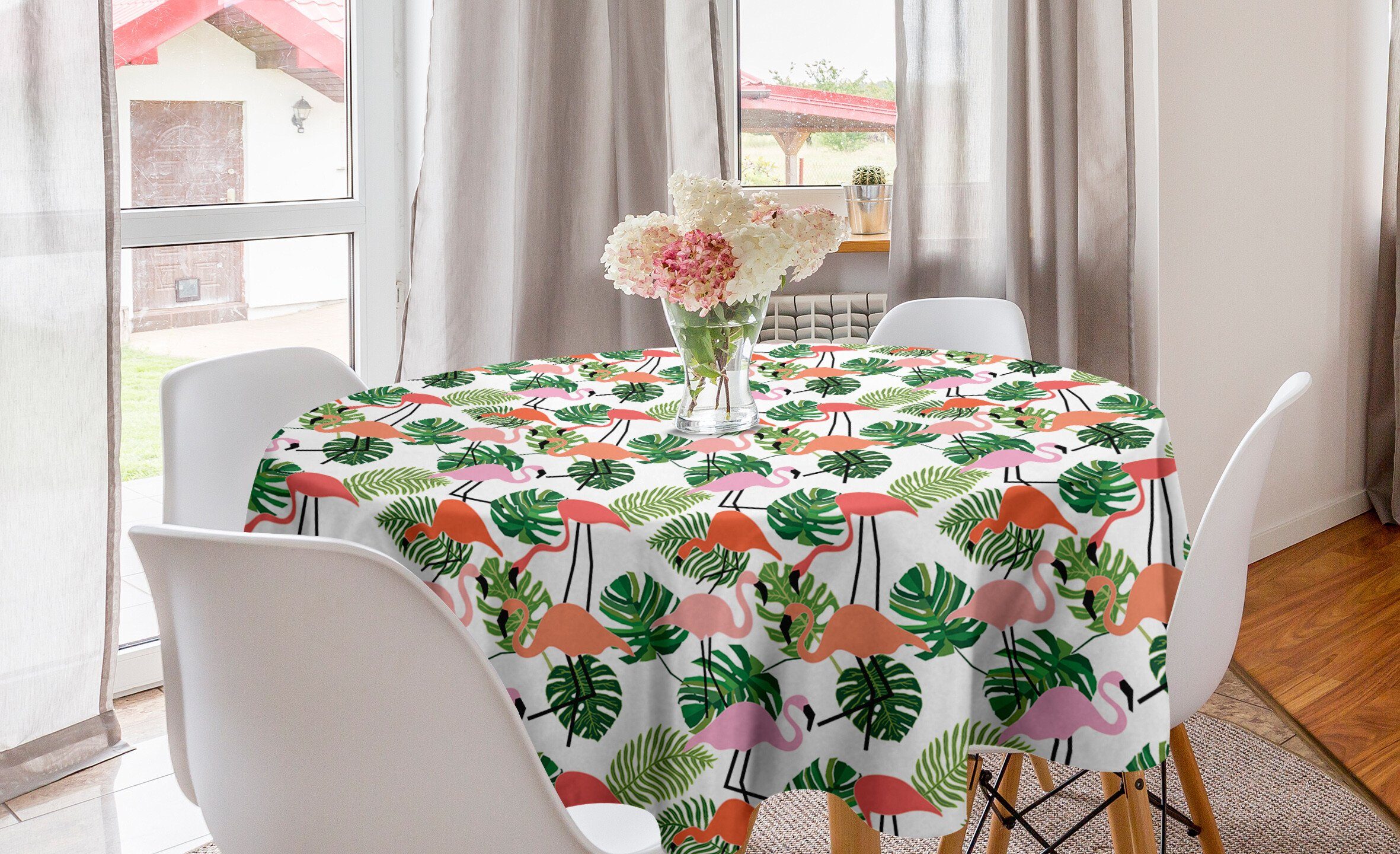 Monstera Küche Abakuhaus Hipster Tischdecke Tischdecke Esszimmer Tropisch für Abdeckung Kreis Dekoration, Flamingo