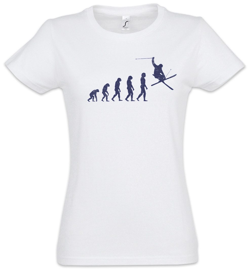 Urban Backwoods Print-Shirt Skier Evolution Damen T-Shirt Ski Fahrhen Skiing Aprés Winter Slalom (1-tlg) Alpin Piste Fahrer Snow