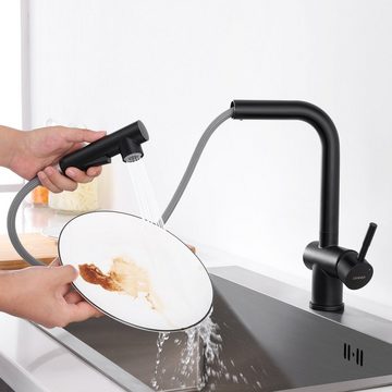 Lonheo Küchenarmatur Schwarz Spültisch Mischbatterie 360° Ausziehbar Handbrause Armatur Hochdruck Spültischwasserhahn
