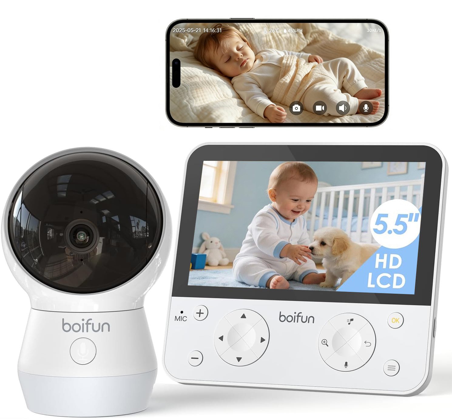 Boifun Babyphone 5.5" Babyphone mit Kamera WLAN, 4MP Video Babyfon mit App, KI-Bauchlage-Erkennung, Buntes Nachtlicht, Nachtsicht ohne Licht, Bewegungs-/Weinen-/Geräuscherkennung,Auto-Tracking, Bereichsalarme, geteiltem Bildschirm, Schwenk-Neige-Zoom-Funktion