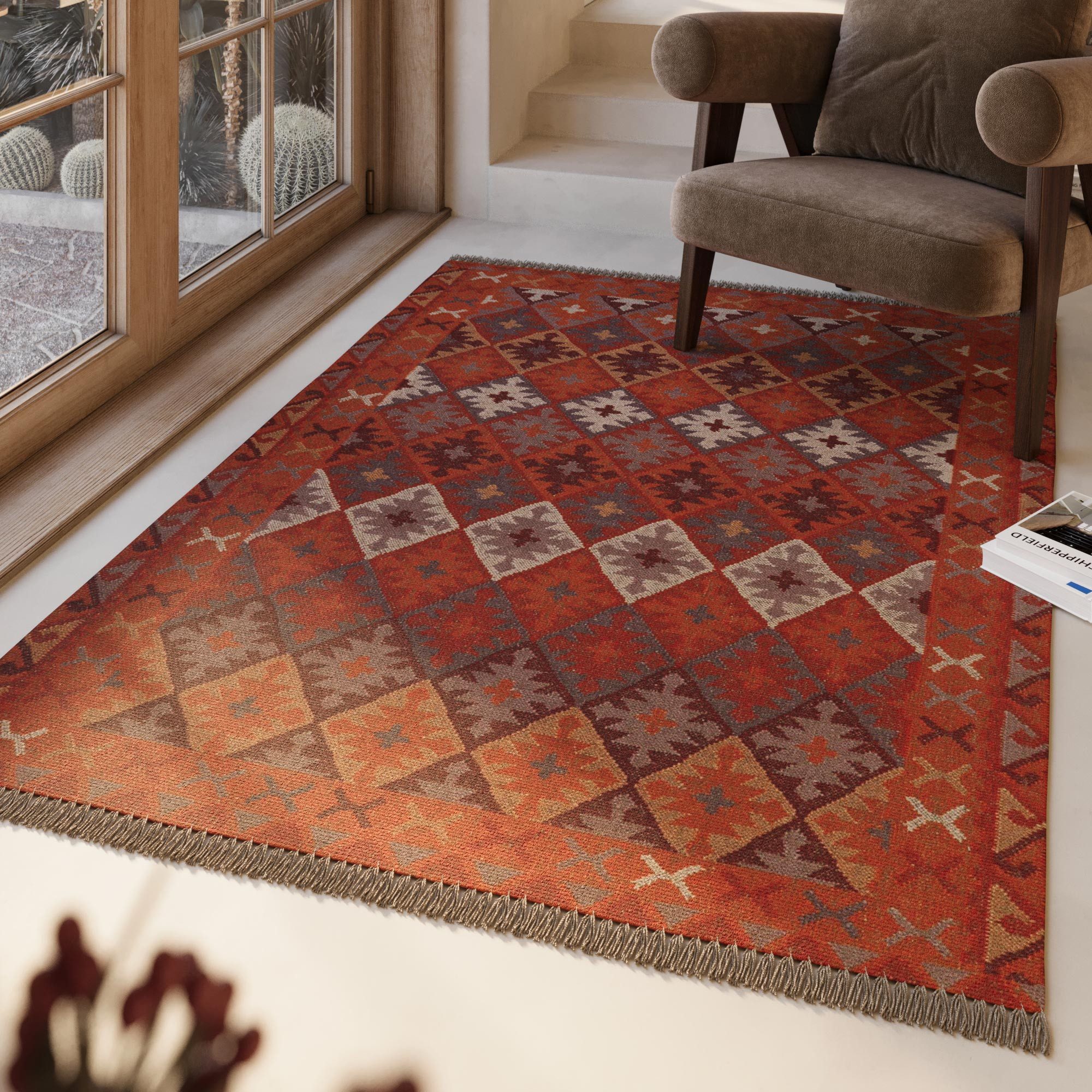 Green Looop Wollteppich Pierre, rechteckig, Höhe: 5 mm, Fransen, Kelim, handgewebt, Natur, Wohnzimmer, Schlafzimmer, Ethno