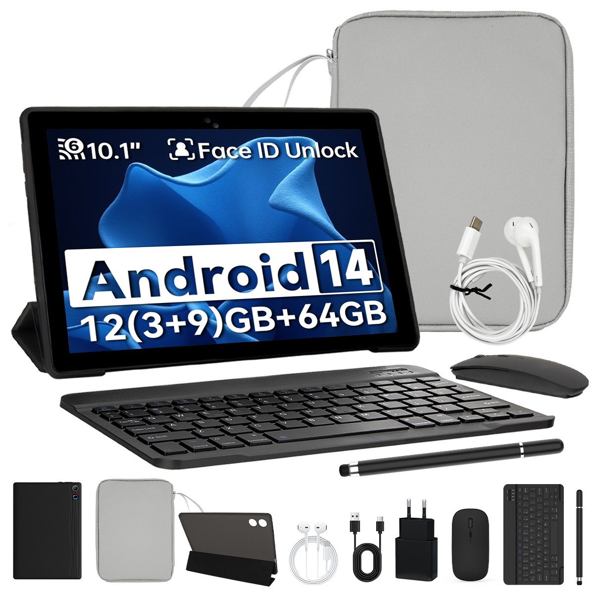 BUFO 10'' Android 14 8-Kern-Prozessor 64GB mit Tastatur Stift Maus Hülle Tablet (10", 64 GB, Android 14, WiFI 6, HD IPS, Widevine L1, mit Tastatur/Stift/Maus/Hülle/Tasche/Kopfhörer)