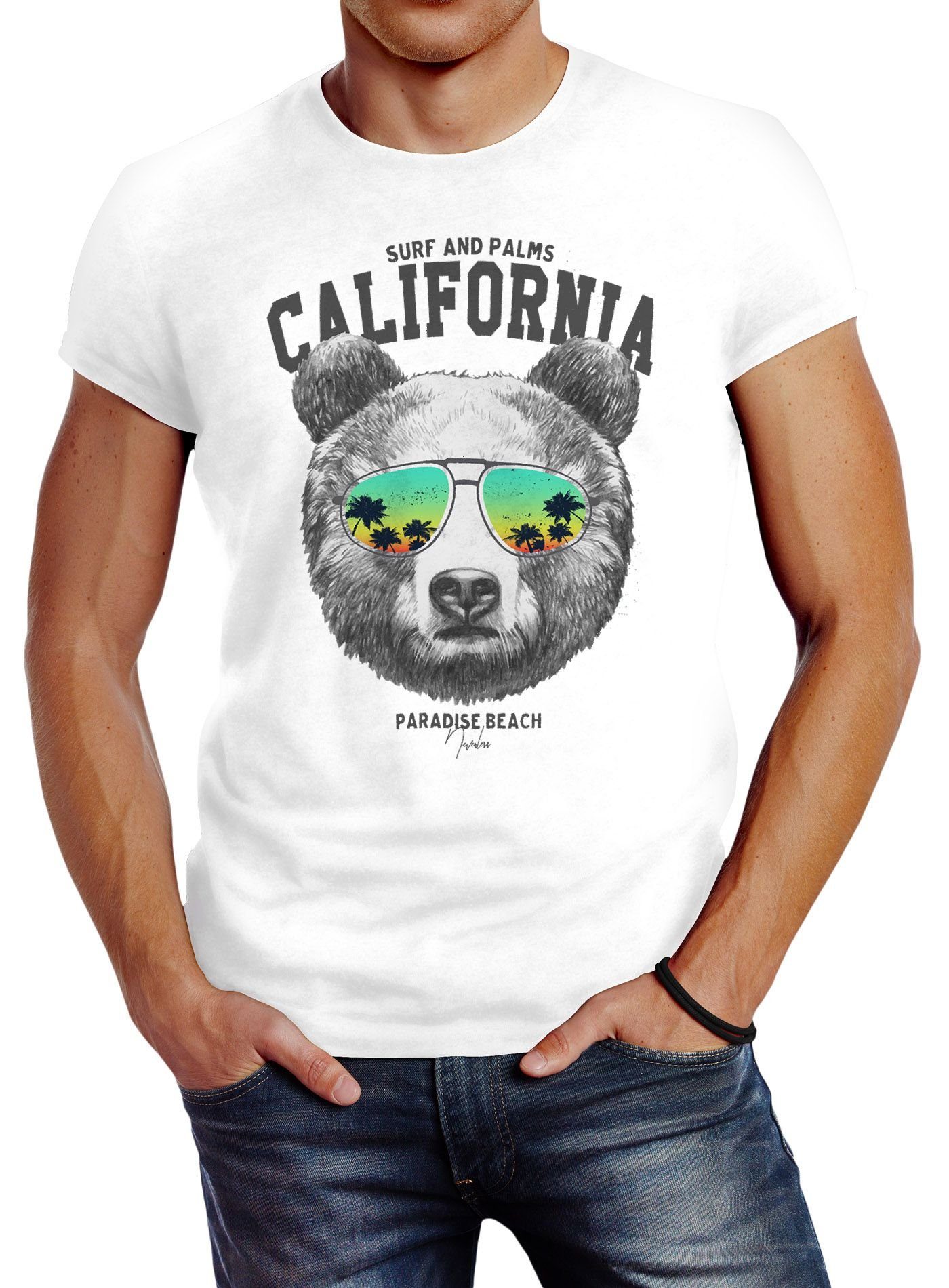 Neverless Print-Shirt Herren T-Shirt Löwe Bär Sonnenbrille Palmen Summer California Slim Fit Neverless® mit Print Bear weiß