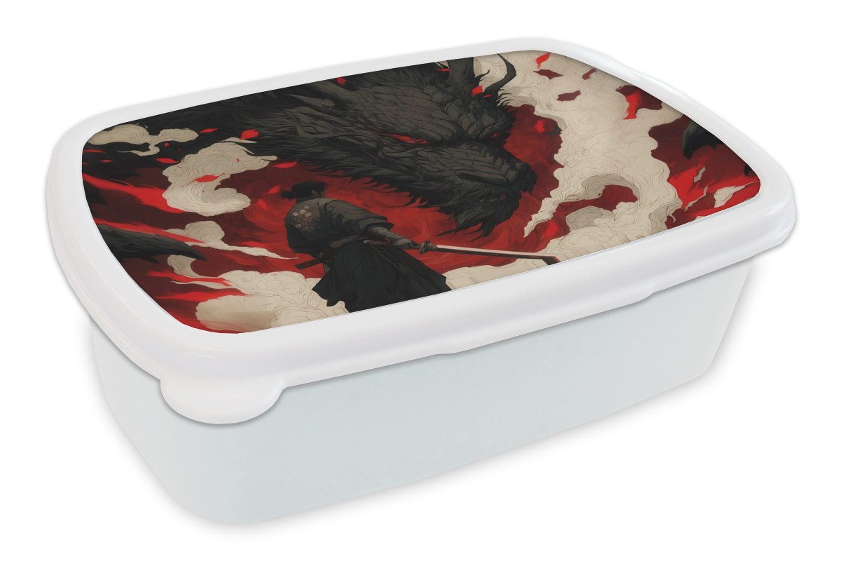 MuchoWow Lunchbox Krieger - Drache - Schwarz - Rot - Rauch, Kunststoff, (2-tlg), Brotdose Schule oder Arbeit, Brotbox für Kinder und Erwachsene