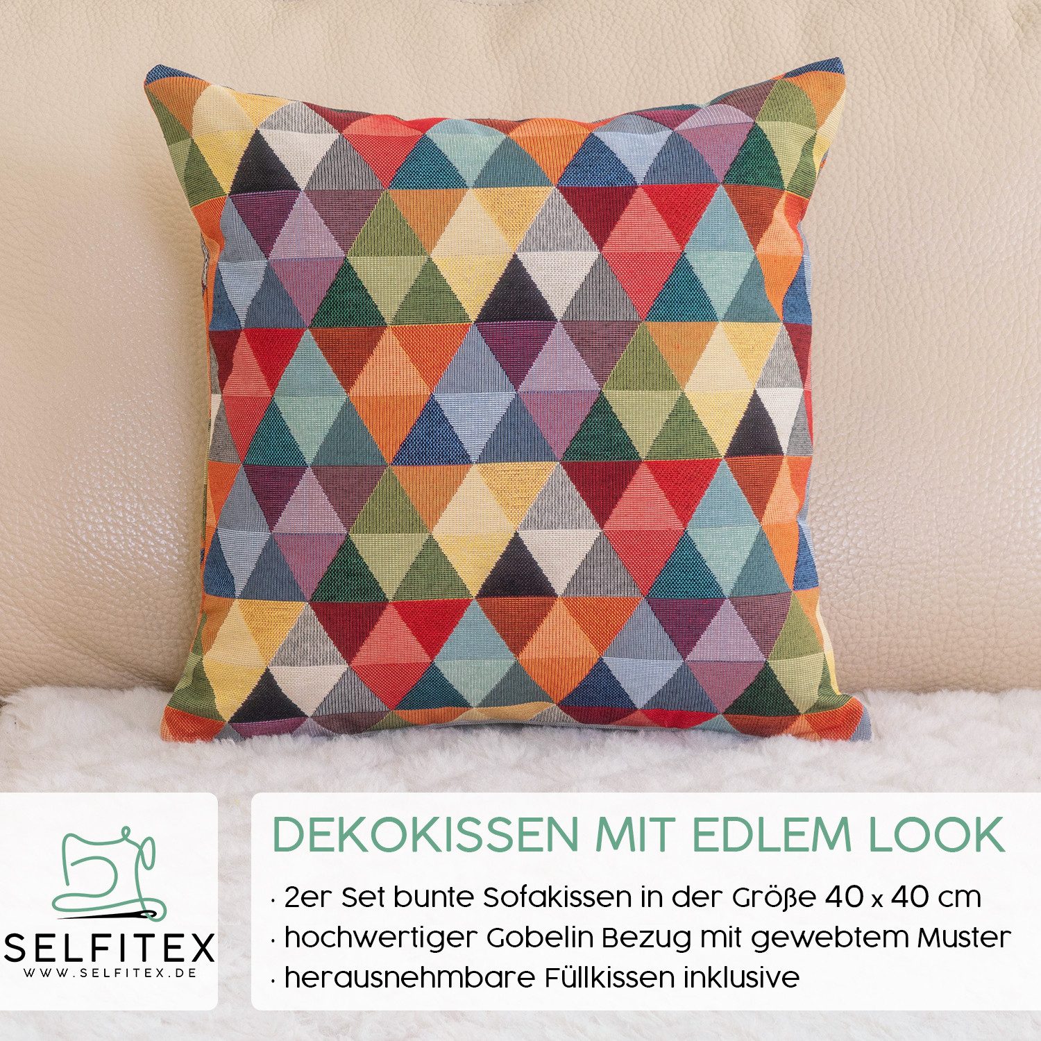 Selfitex Dekokissen mit buntem Muster im 2er Set, 30x50/40x40/50x50 inkl. Füllkissen, hochwertig gewebter Gobelin Kissenbezug mit weichem Füllkissen