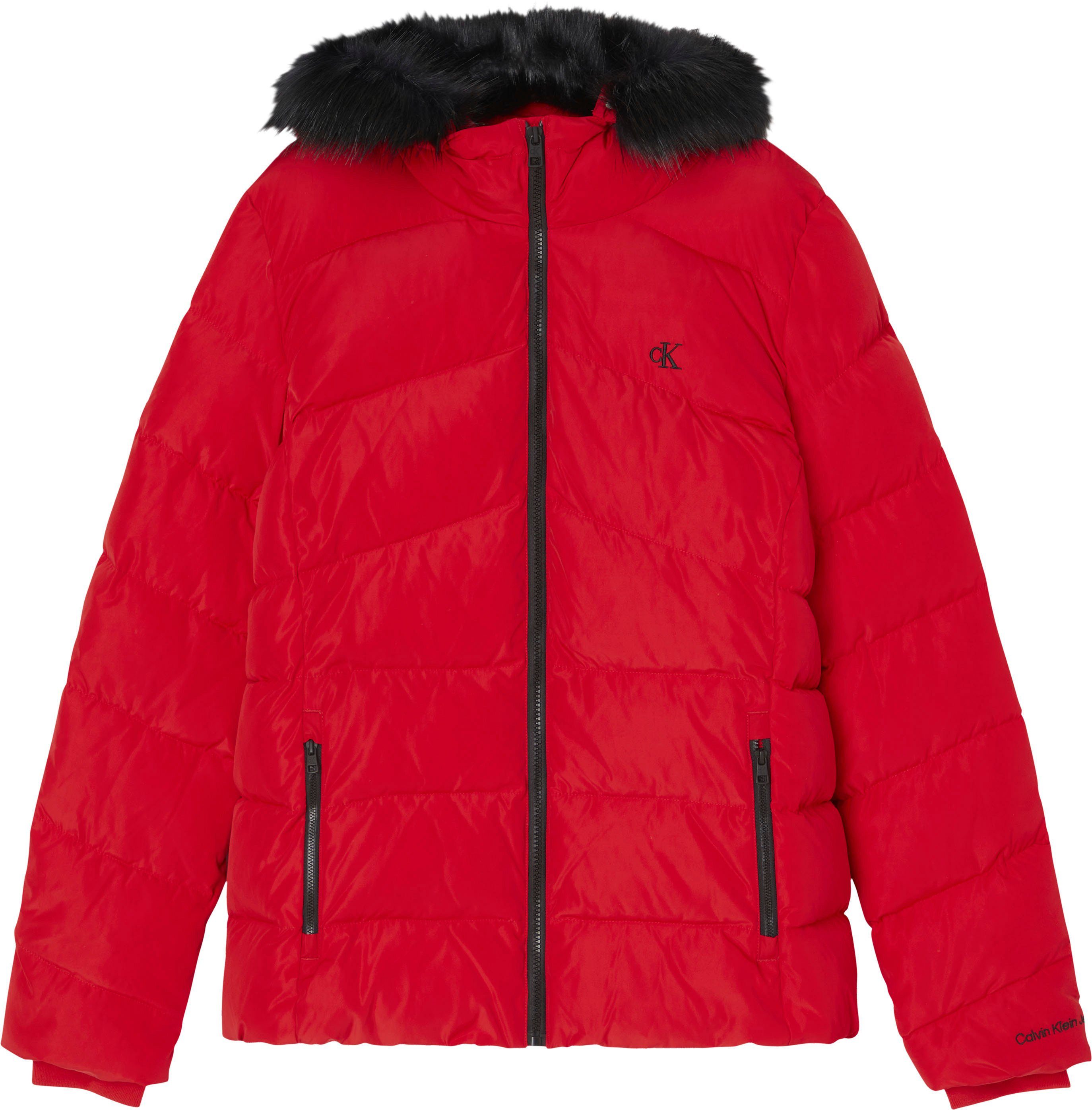 Calvin Klein Jeans Outdoorjacke FAUX FUR MW FITTED SHORT PUFFER mit abknöpfbarem Fellimitat an der Kapuze