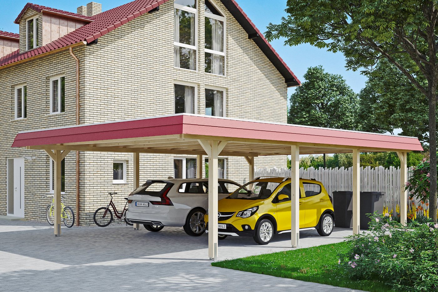 Thumbnail - Skanholz Doppelcarport Wendland, BxT: 630x879 cm, 216 cm Einfahrtshöhe, mit Aluminiumdach, rote Blende