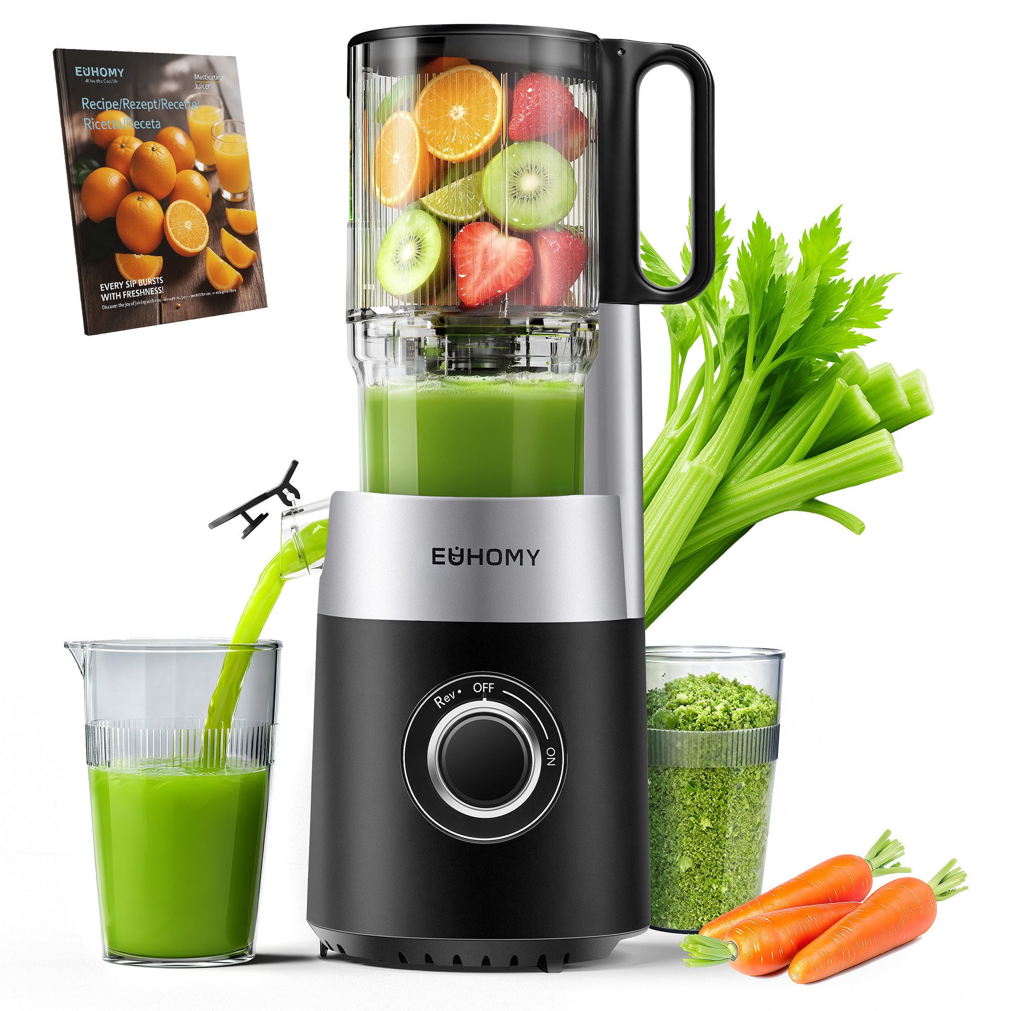 EUHOMY Slow Juicer mit 135MM Breite und Größere Fütterungsröhre, 220 W, für Ganze Gemüse Obst - Leicht zu Reinigender Entsafter mit 2 Gläsern