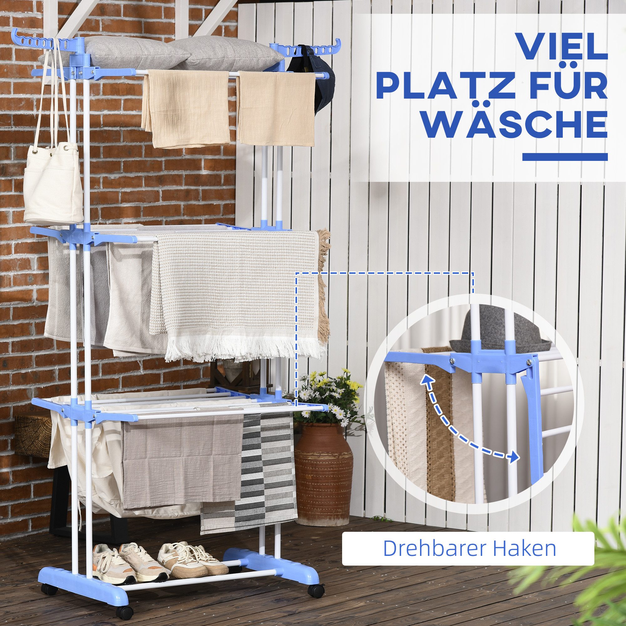 HOMCOM Wäscheständer Wäschetrockner Turmwäscheständer Standtrockner mit 4 Ebenen, Stahl Blau 73 x 45,5 x 177cm – Bild 4 von 5