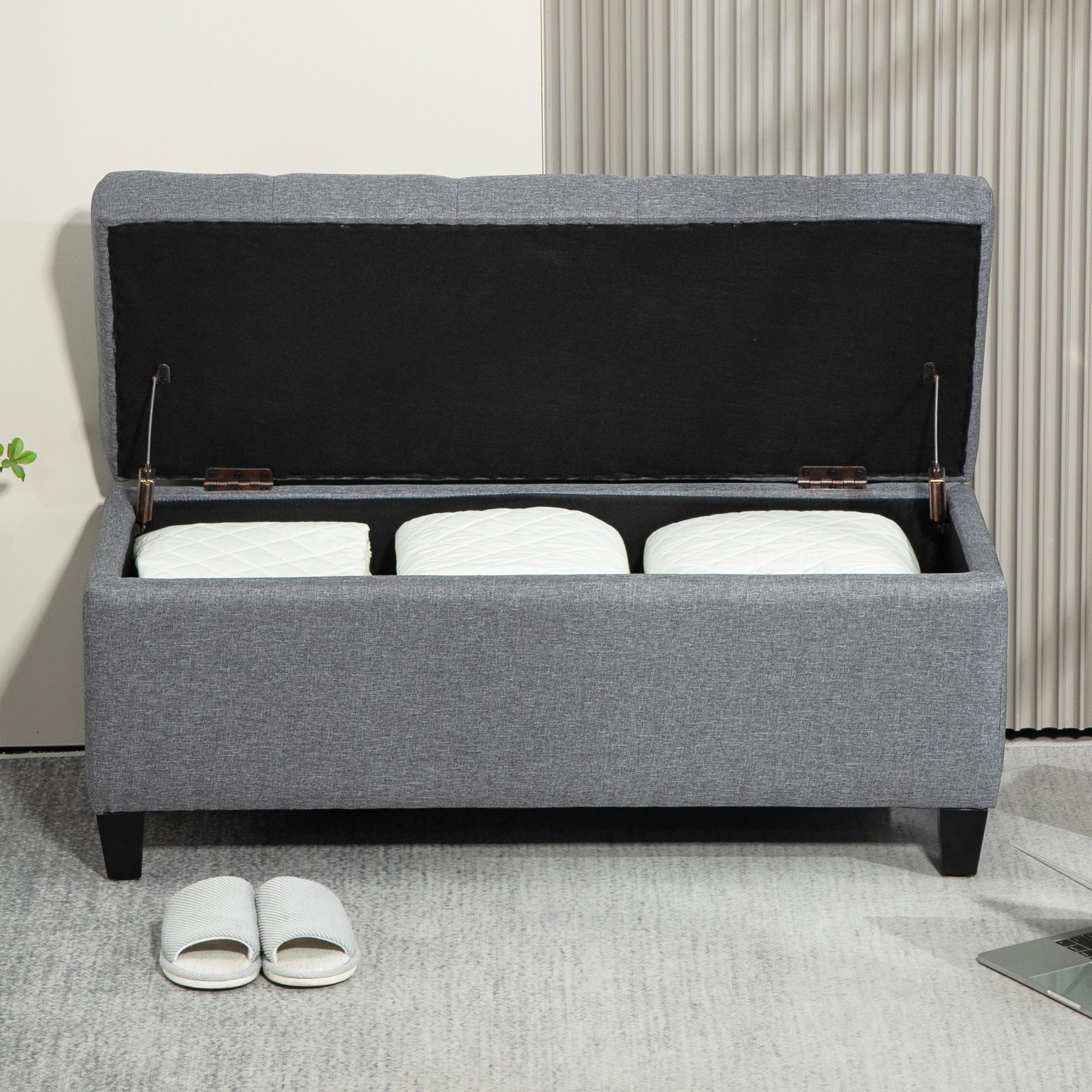 REDOM Polsterbank hellgraue Sitzbank aus Gummiholz, mit Stauraum & Polsterung (Packung, 1-St., Stabile & pflegeleichte Truhenbank für Diele, Ankleide & Wohnbereich), 100x40x44 cm Vielseitig als Schuhbank, Bettbank & Flurmöbel nutzbar