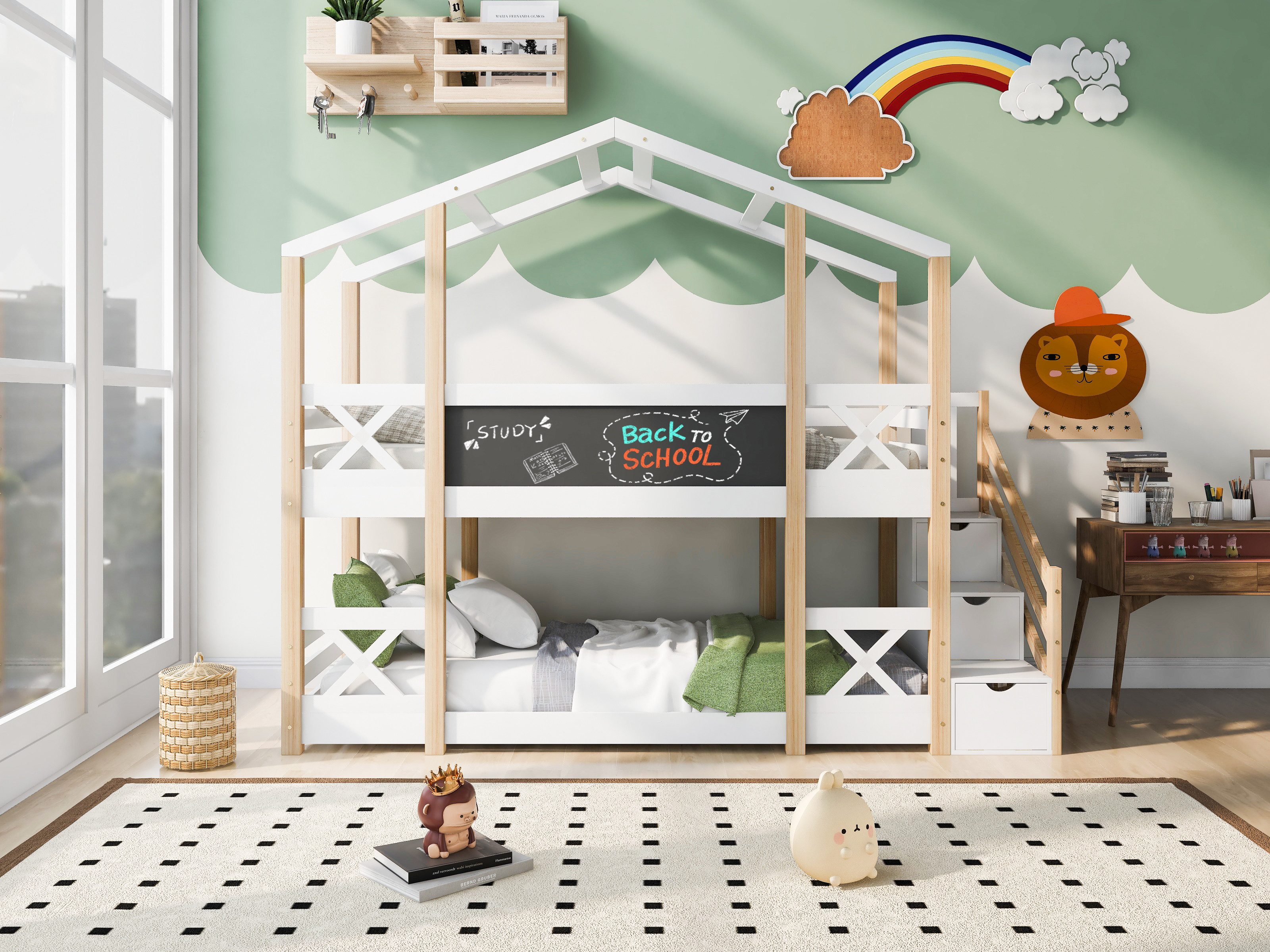 WISHDOR Etagenbett Kinderbett Baumhaus (Hochbett für Kinder– 2x Lattenrost- Natur & Weiß, mit Schublade und Rausfallschutz), Praktikabilität und Kreativität kombinieren