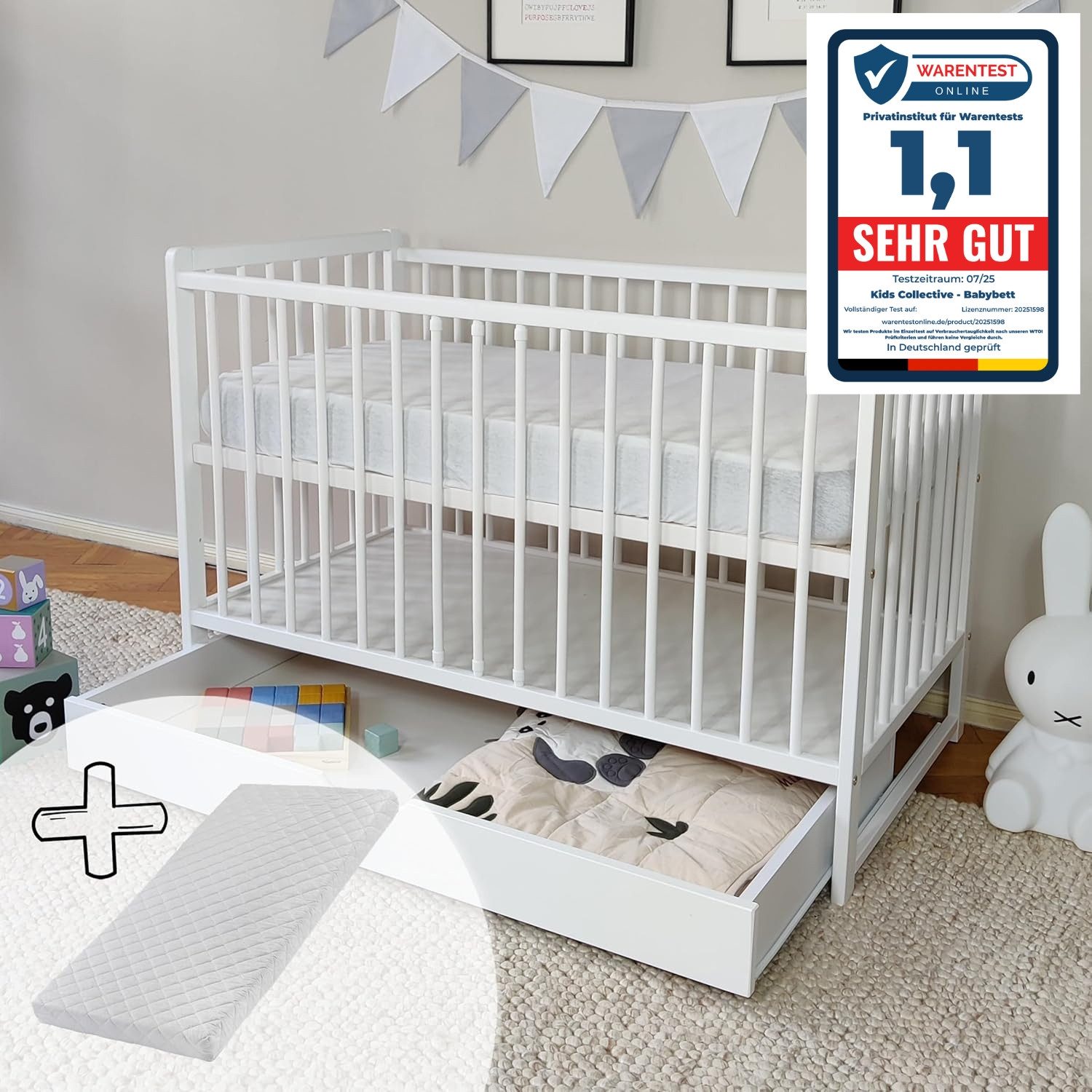 Kids Collective Babybett mit Matratze und Schublade Kinderbett Gitterbett 60x120 cm, höhenverstellbar & herausnehmbare Sprossen, weiss sehr stabil