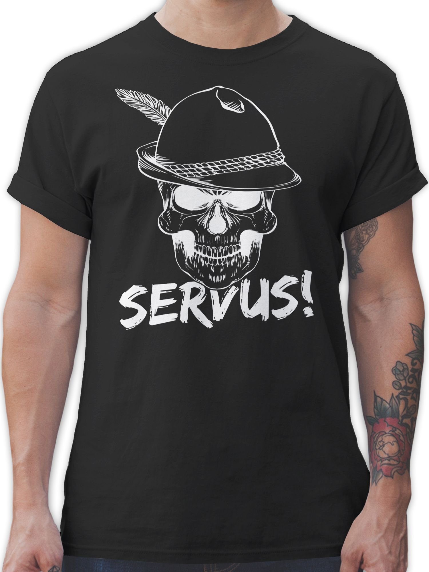 01 Mode Herren weiß Oktoberfest T-Shirt Servus! Schwarz Shirtracer - für Totenkopf