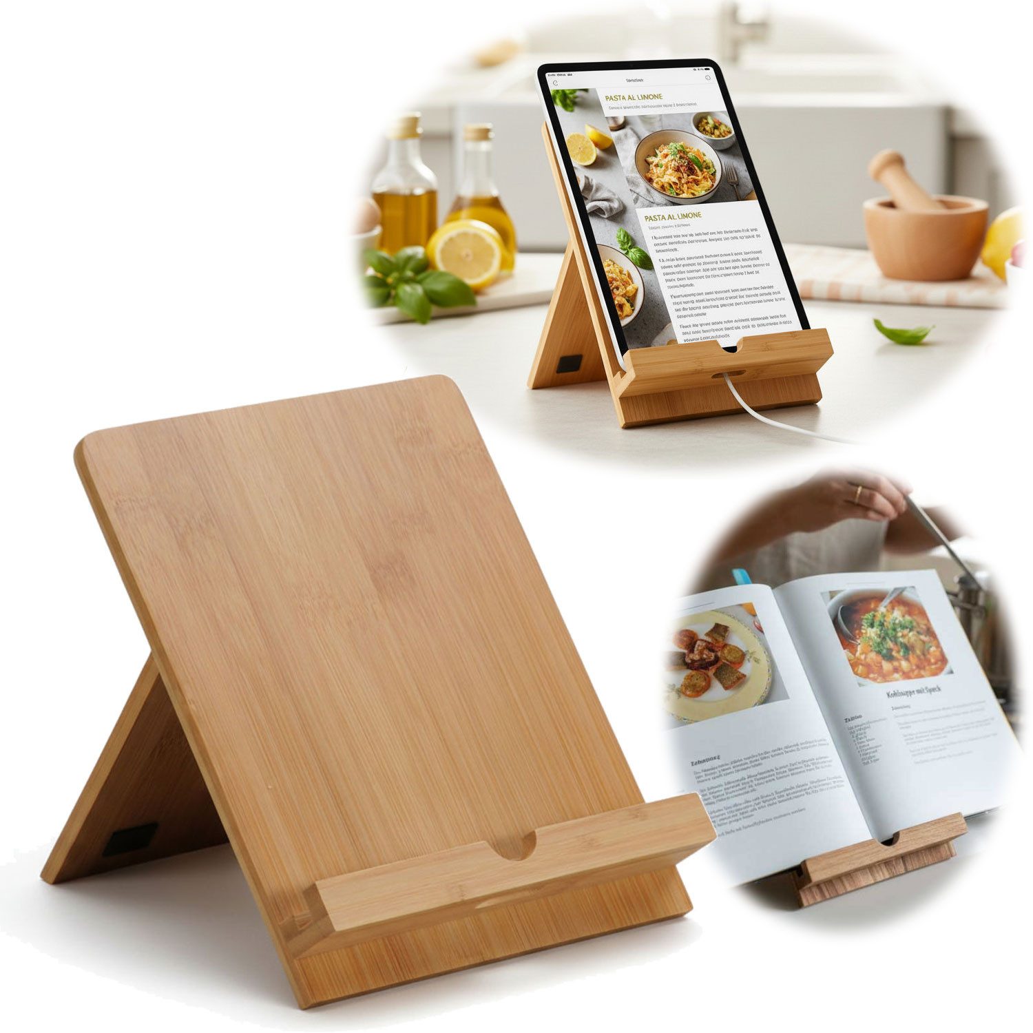 LS-LebenStil Buchstütze Holz Kochbuchhalter Bambus 23x18cm Braun Kochbuchständer (Kochbuchständer Buchhalter Ständer für Kochbücher Leseständer faltbar, 1 St., Tablett Halter Halterung passend für ipad und Tablett´s), ideal auch als Notenständer