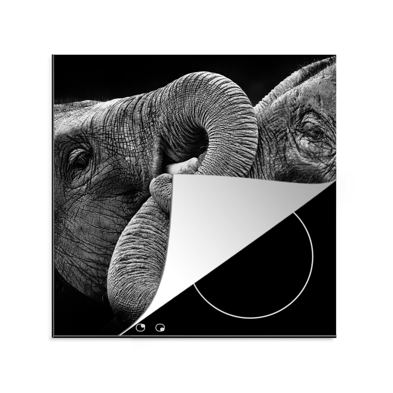 MuchoWow Herdblende-/Abdeckplatte Elefant - Tiere - Schwarz - Weiß, Vinyl, (1 tlg), 78x78 cm, Ceranfeldabdeckung, Arbeitsplatte für küche
