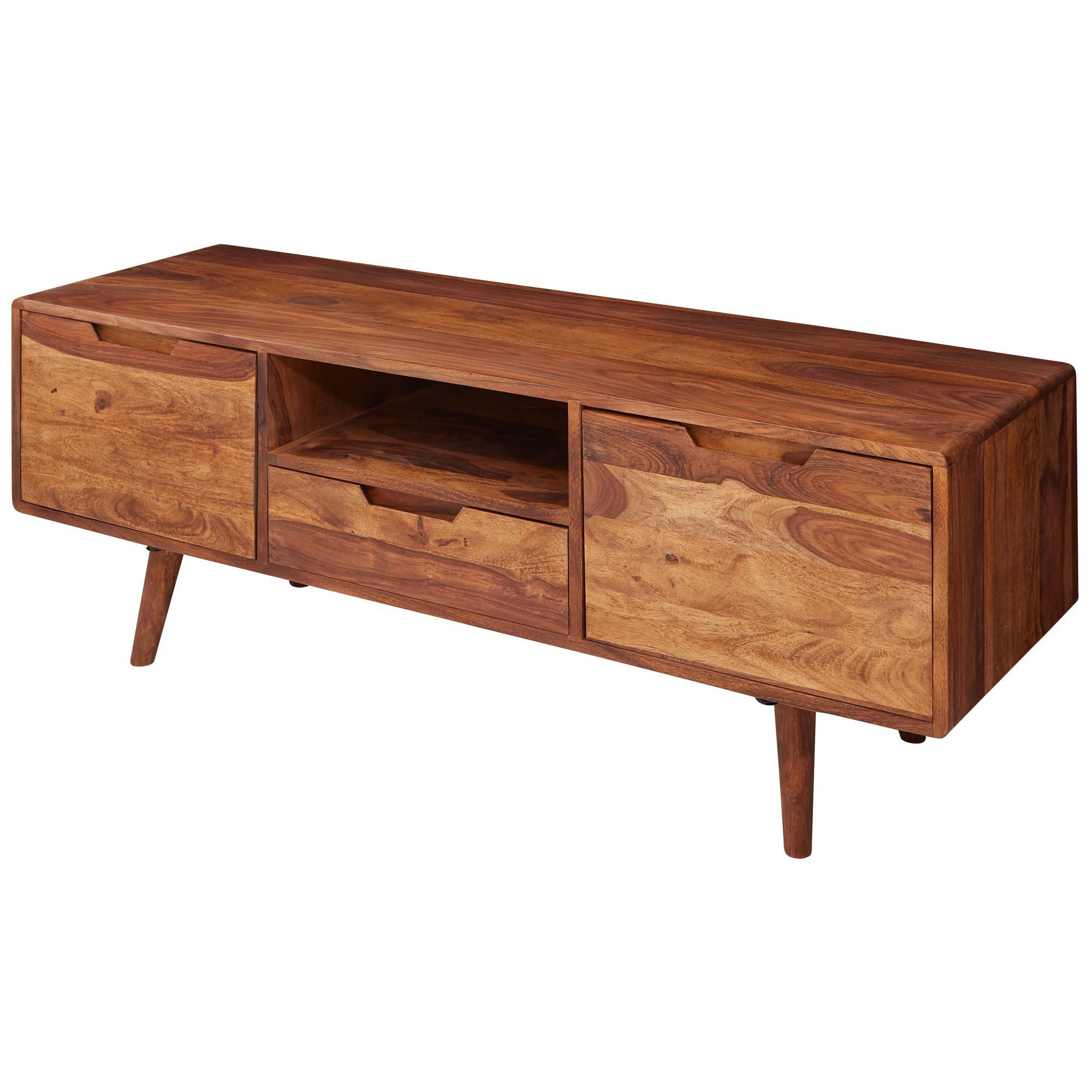 furnicato Lowboard Massivholz, Walnuss Finish 135x51x45 cm Braun (1 St), TV-Board mit offenem Regalfach und Schublade für dein Wohnzimmer
