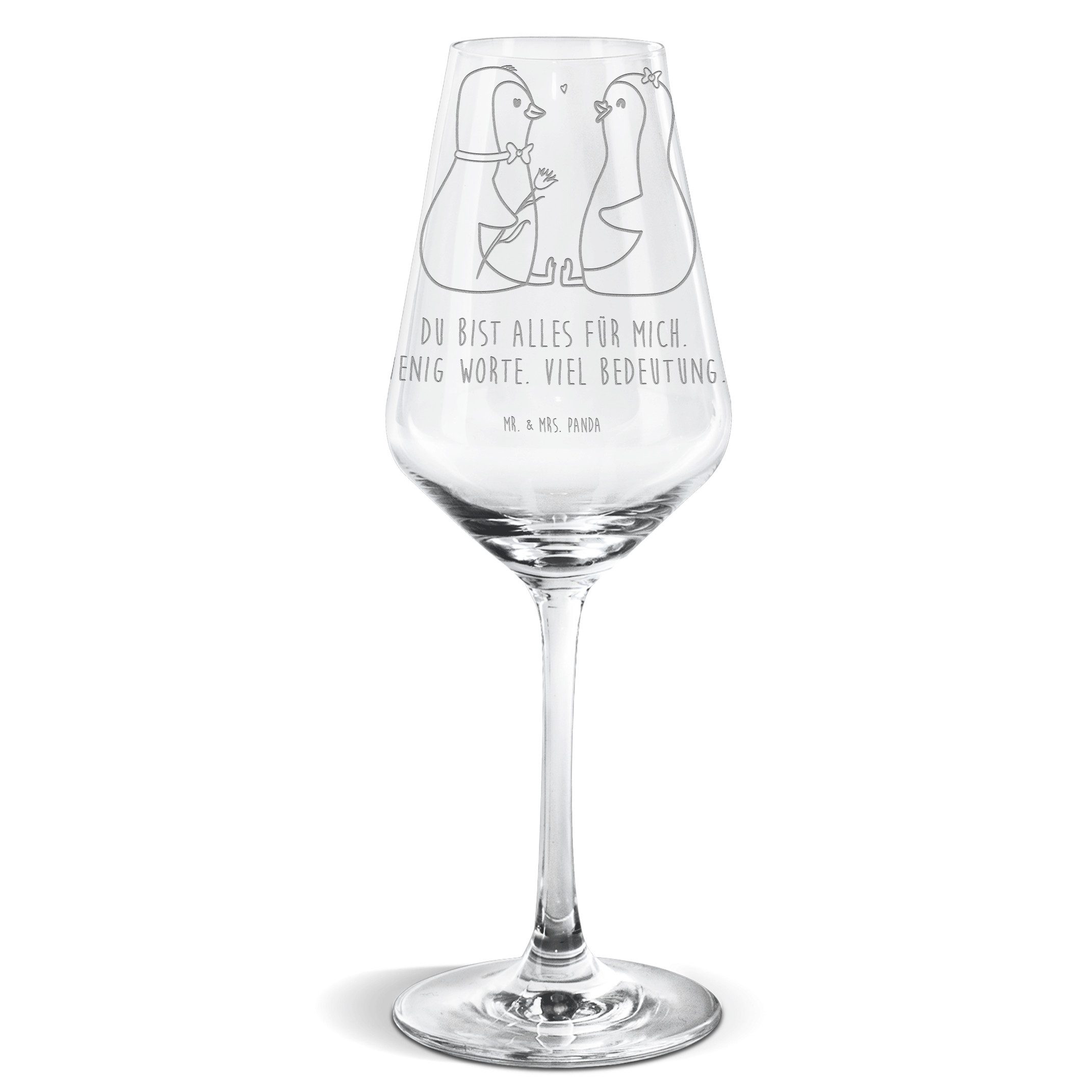 Mr. & Mrs. Panda Weißweinglas Pinguin Pärchen - Transparent - Geschenk, Spülmaschinenfeste Weingläs, Premium Glas, Einzigartig graviert