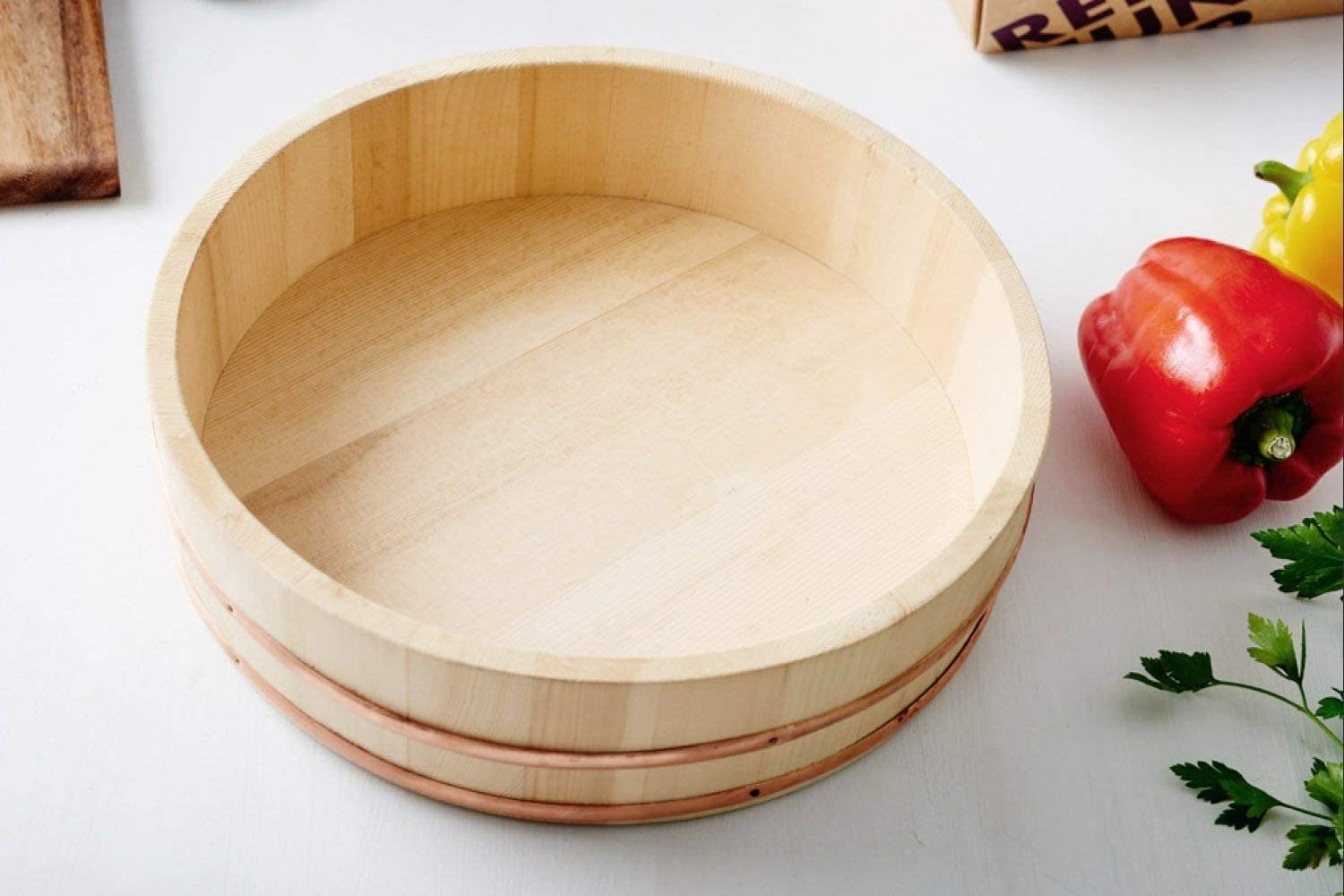Reishunger Schüssel Hangiri Durchmesser, mit 60 von Holzschüssel bis - Größen 4 Kupferstreifen 30 cm Sushi für Kiefernholz in Reis cm