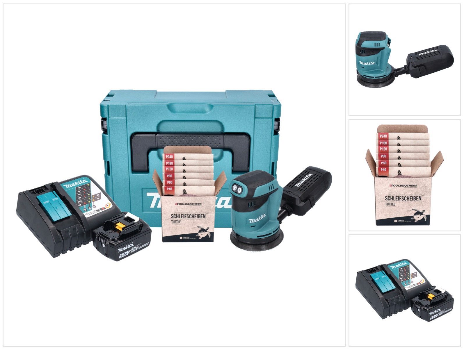 Makita Akku-Exzenterschleifer DBO 180 RT1J 18 V 125 mm + 1x Akku 5,0 Ah + Ladegerät