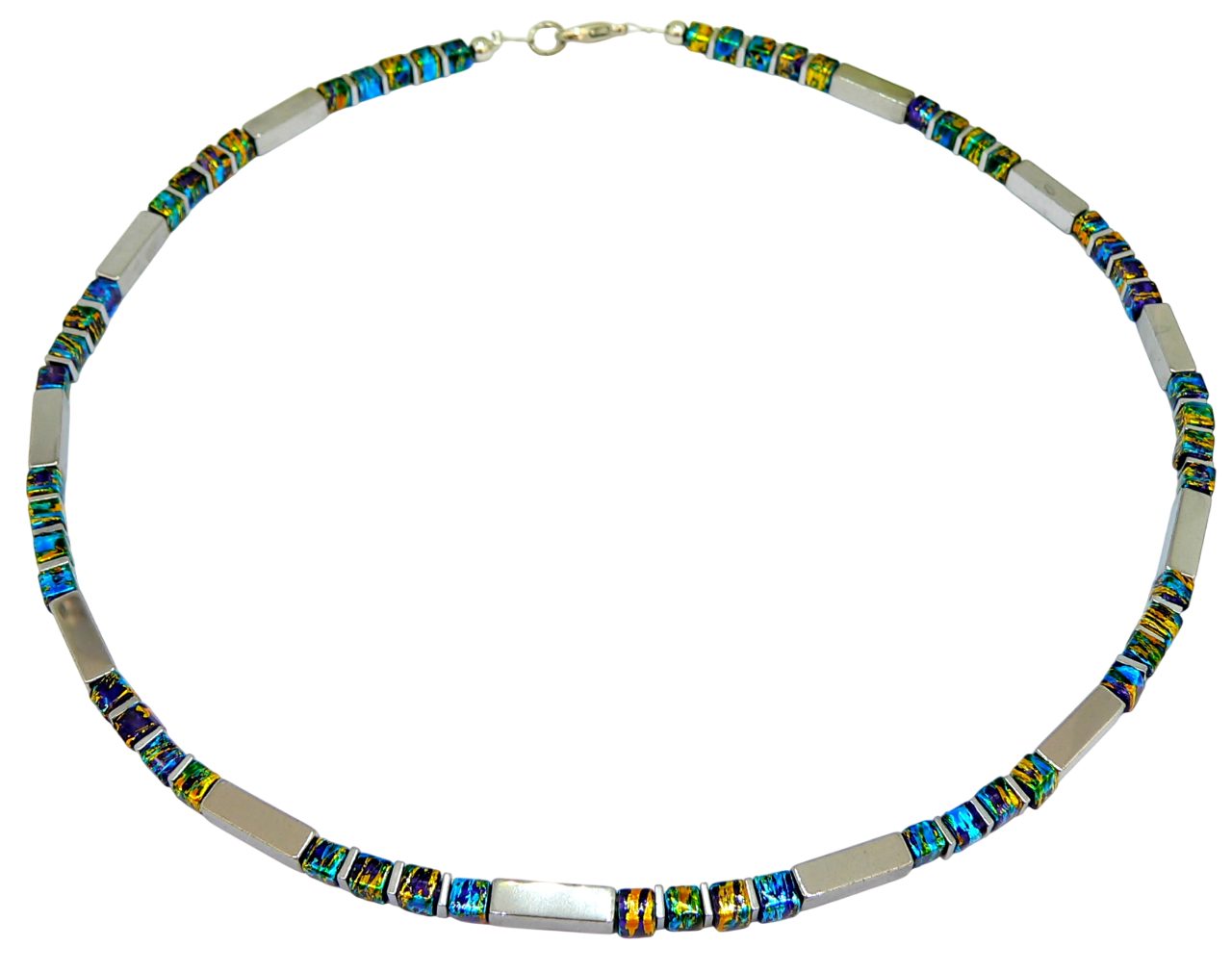 Kette ohne Anhänger 062g Würfelkette Halskette Hämatit silber Glaswürfel goldfarben blau