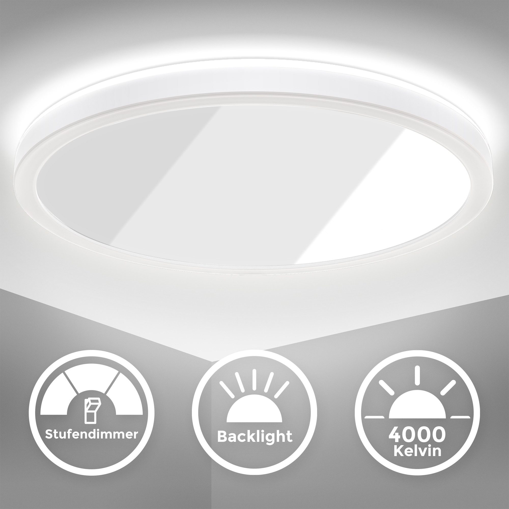 B.K.Licht Deckenleuchte ultra flaches LED Panel 29cm rund dimmbar mit Backlight BKL1310, Dimmfunktion, LED fest integriert, 4000K - Neutralweiß, Deckenlampe Wohnzimmer 230V 18W 2400lm Memory Weiß