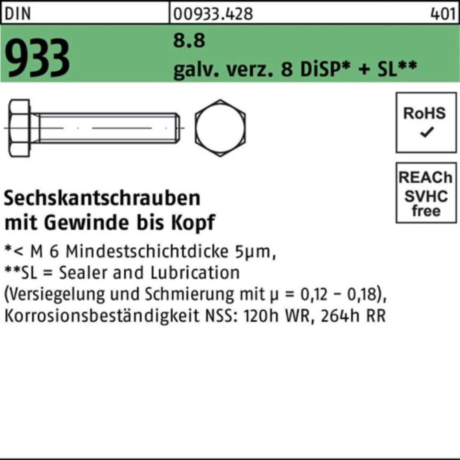 Reyher Sechskantschraube 100er Pack Sechskantschraube Zn DIN SL 933 8.8 gal 8 + 50 VG M20x DiSP