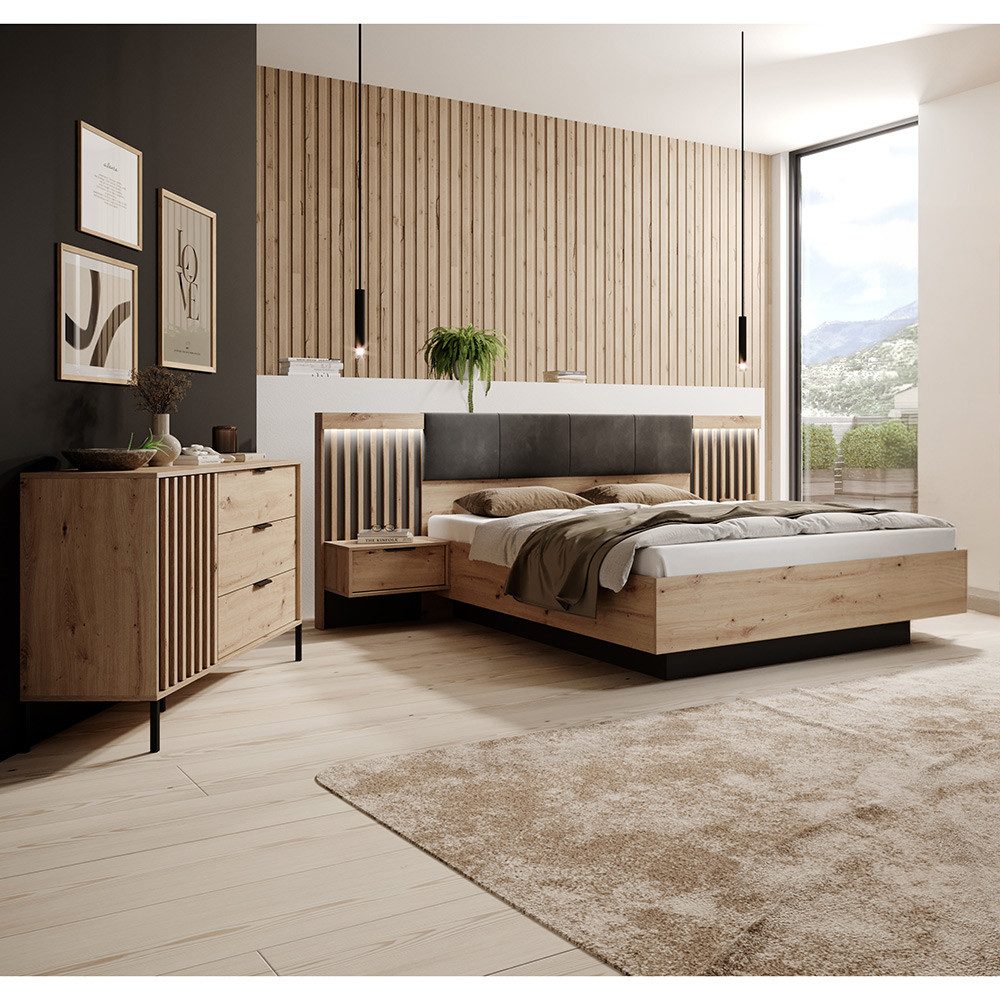 Lomadox Schlafzimmer-Set TALCA-167, (Spar-Set, 4-tlg., Bettgestell Lattenrost aufklappbar Nachtkommoden Beleuchtung Kommode), Eiche Dekor 160x200 cm Kopfteil gepolstert Lattenrost LED Beleuchtung