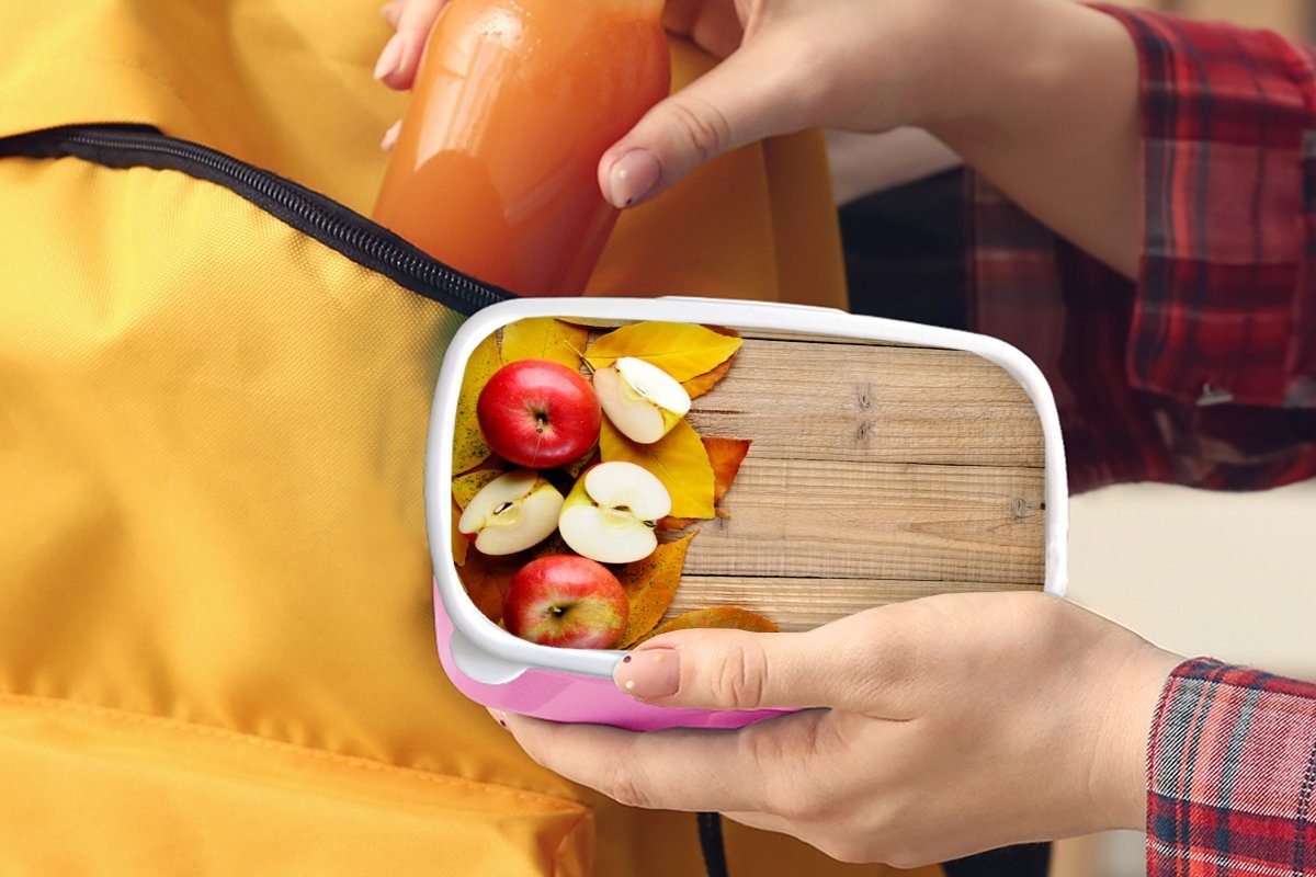 MuchoWow Lunchbox Apfel - Blätter Kunststoff rosa Brotbox Brotdose (2-tlg), Kunststoff, Erwachsene, Herbst - Snackbox, Obst, für Mädchen, Kinder, 