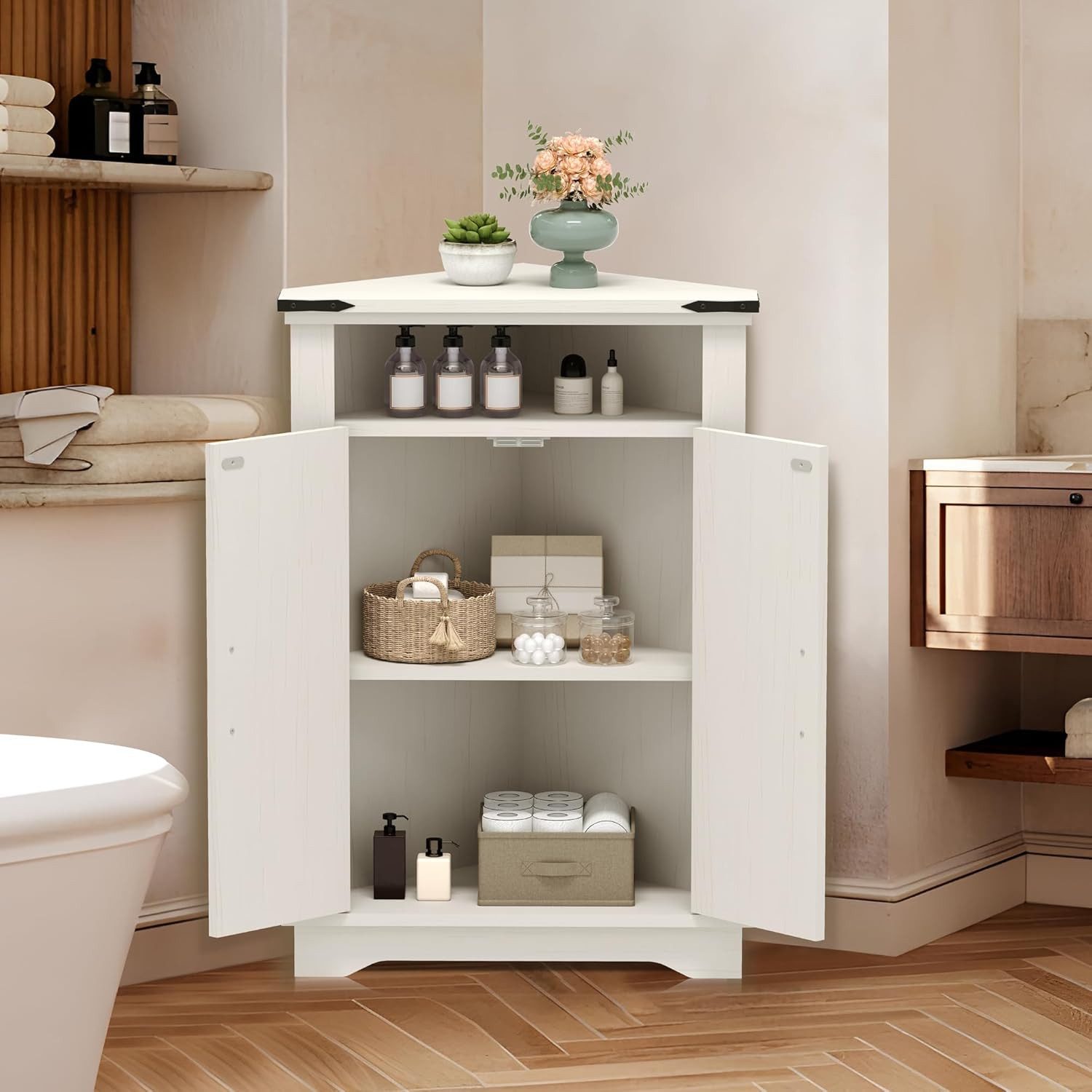 GarveeMore Eckschrank mit Scheunentüren und verstellbarem Regal,Eck-Badezimmerschrank Bauernhaus-Badezimmertisch mit Stauraum für kleine Räume,Küche