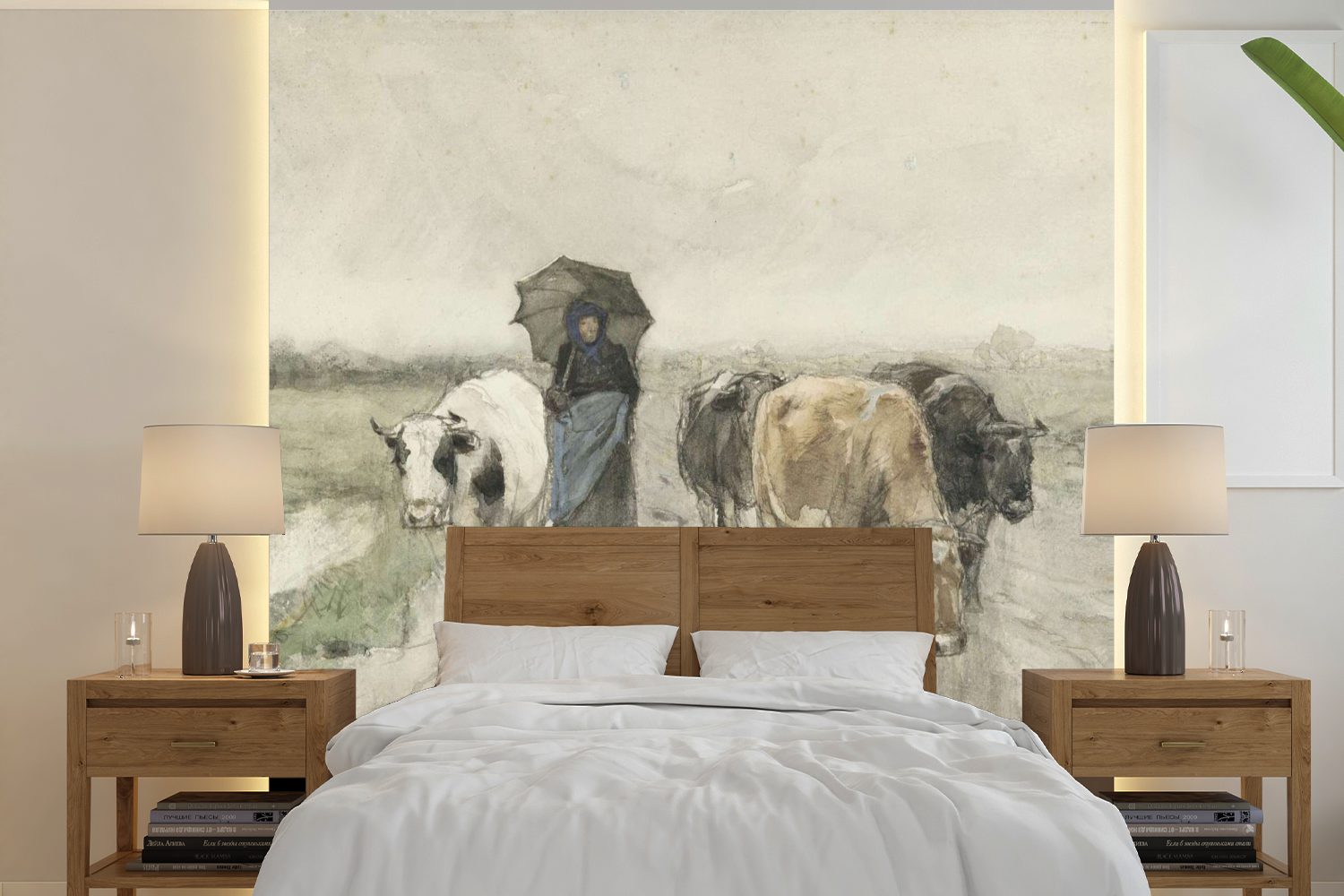 MuchoWow Fototapete Eine Bäuerin mit Kühen auf einer Landstraße im Regen - Gemälde von, Matt, bedruckt, (5 St), Vinyl Tapete für Wohnzimmer oder Schlafzimmer, Wandtapete
