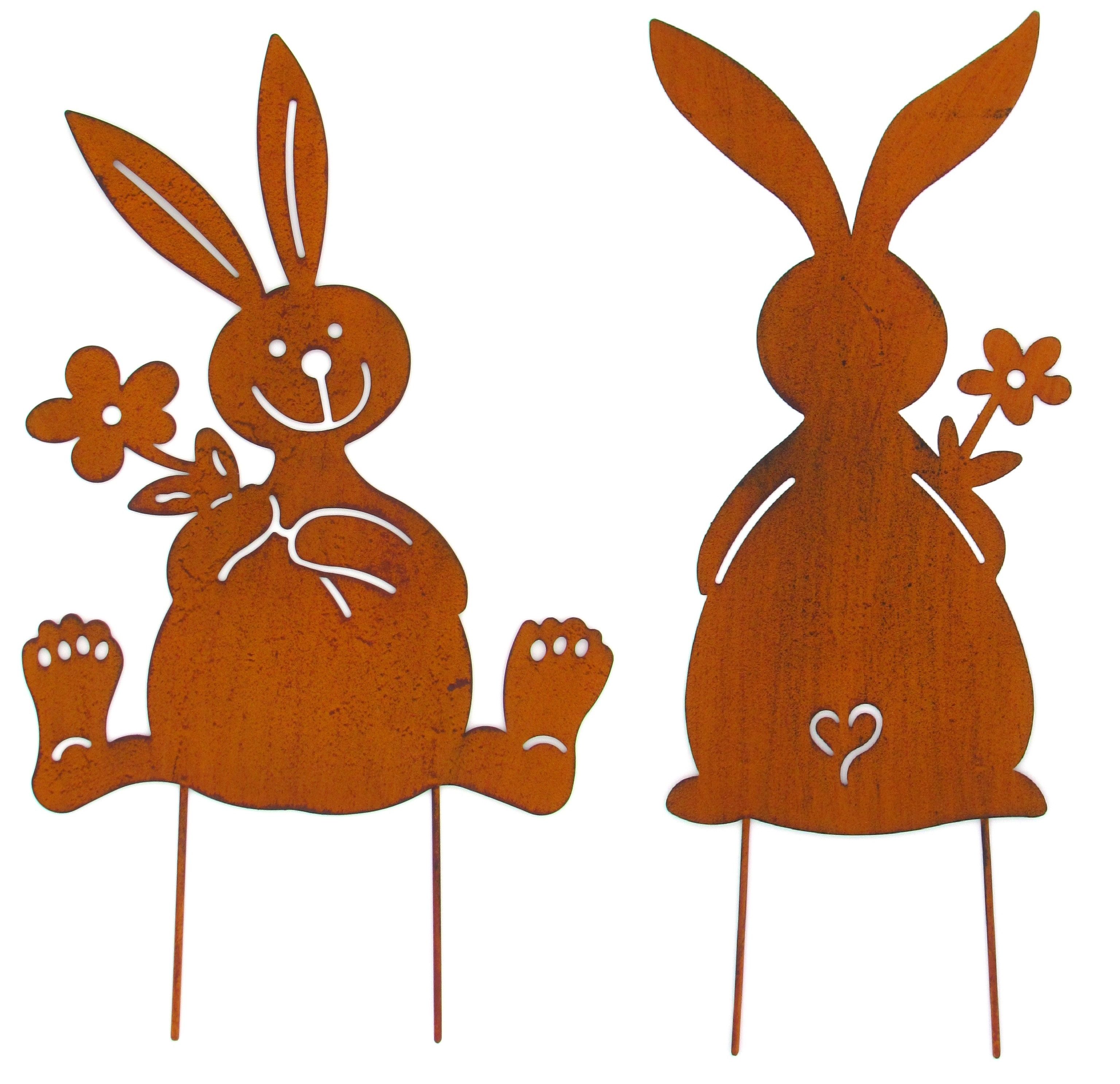 Haushalt International Osterhase 2er Set Outdoor Osterdeko, 26cm x 50cm Wetterfeste Stahl-Aufsteller Edelrost-Patina