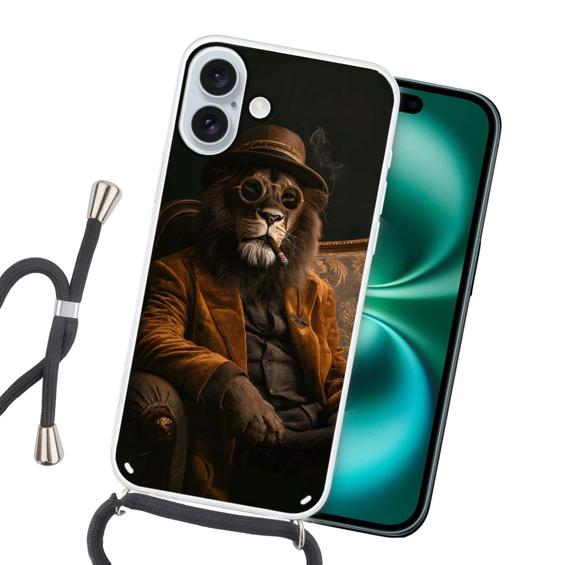 MuchoWow Handyhülle für Apple iPhone 16 Plus Brille - Löwe - Bank - Hut, Tragbare Handyhüllen mit Kette zum umhängen, Handykette Handyband
