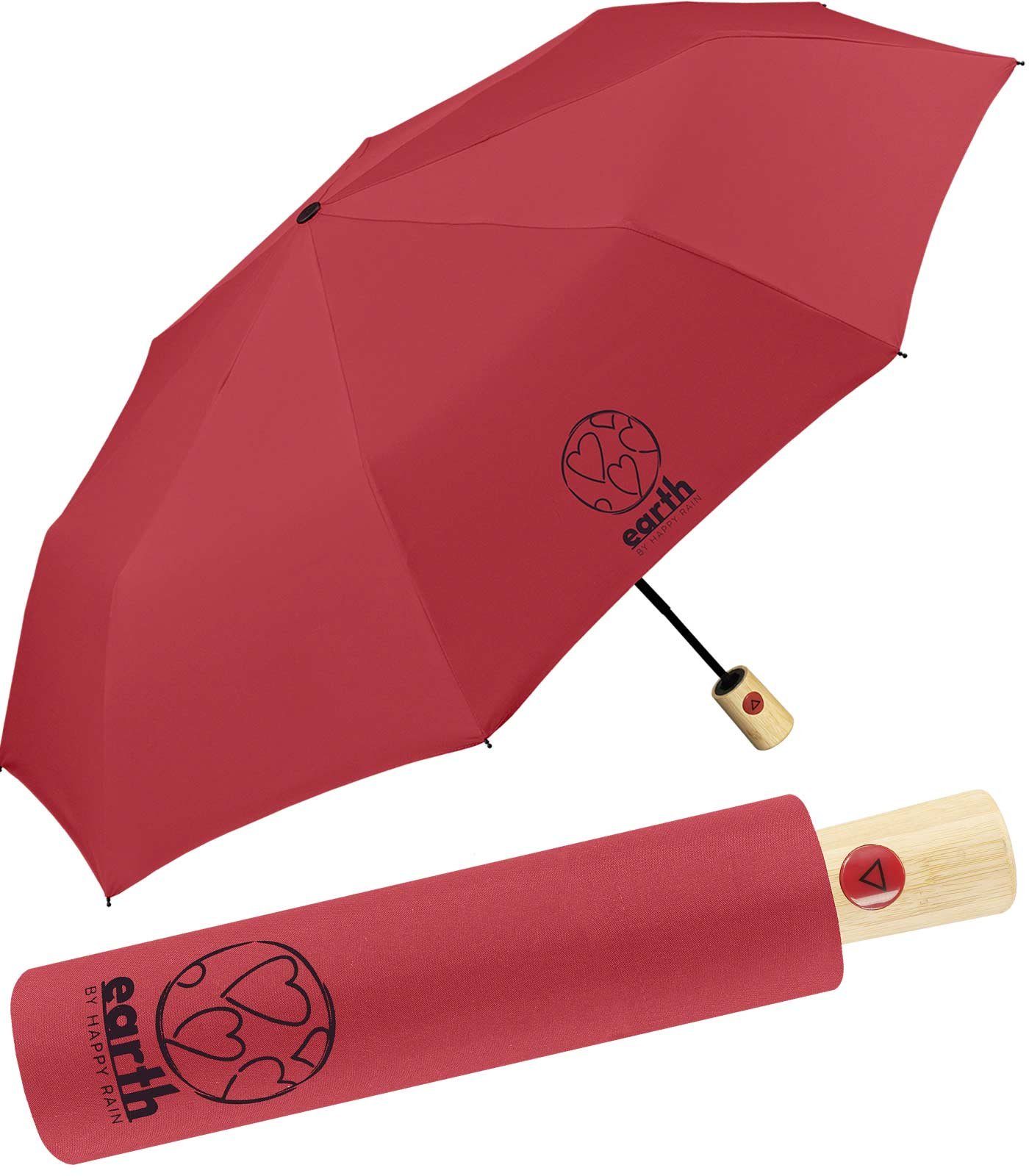 HAPPY RAIN Taschenregenschirm Earth - nachhaltiger Schirm mit Auf-Automatik, gut geschützt etwas für die Umwelt tun rot