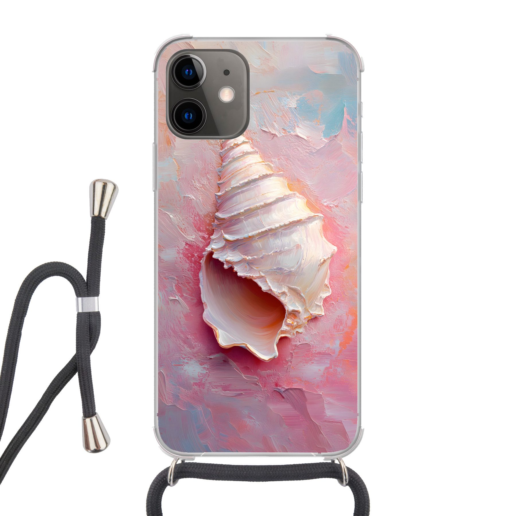 MuchoWow Handyhülle für Apple iPhone 12 Muschel - Pastell - Rosa, Tragbare Handyhüllen mit Kette zum umhängen, Handykette Handyband