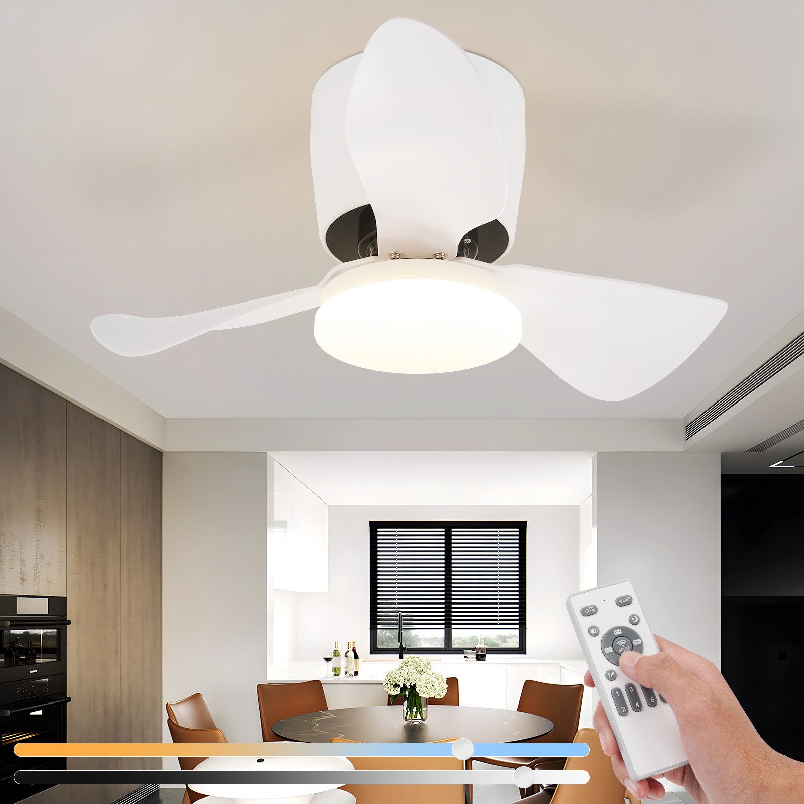 Deckenventilator mit Lich Weiß Dimmbar Leise 23W 70CM mit Fernbedienung Modern