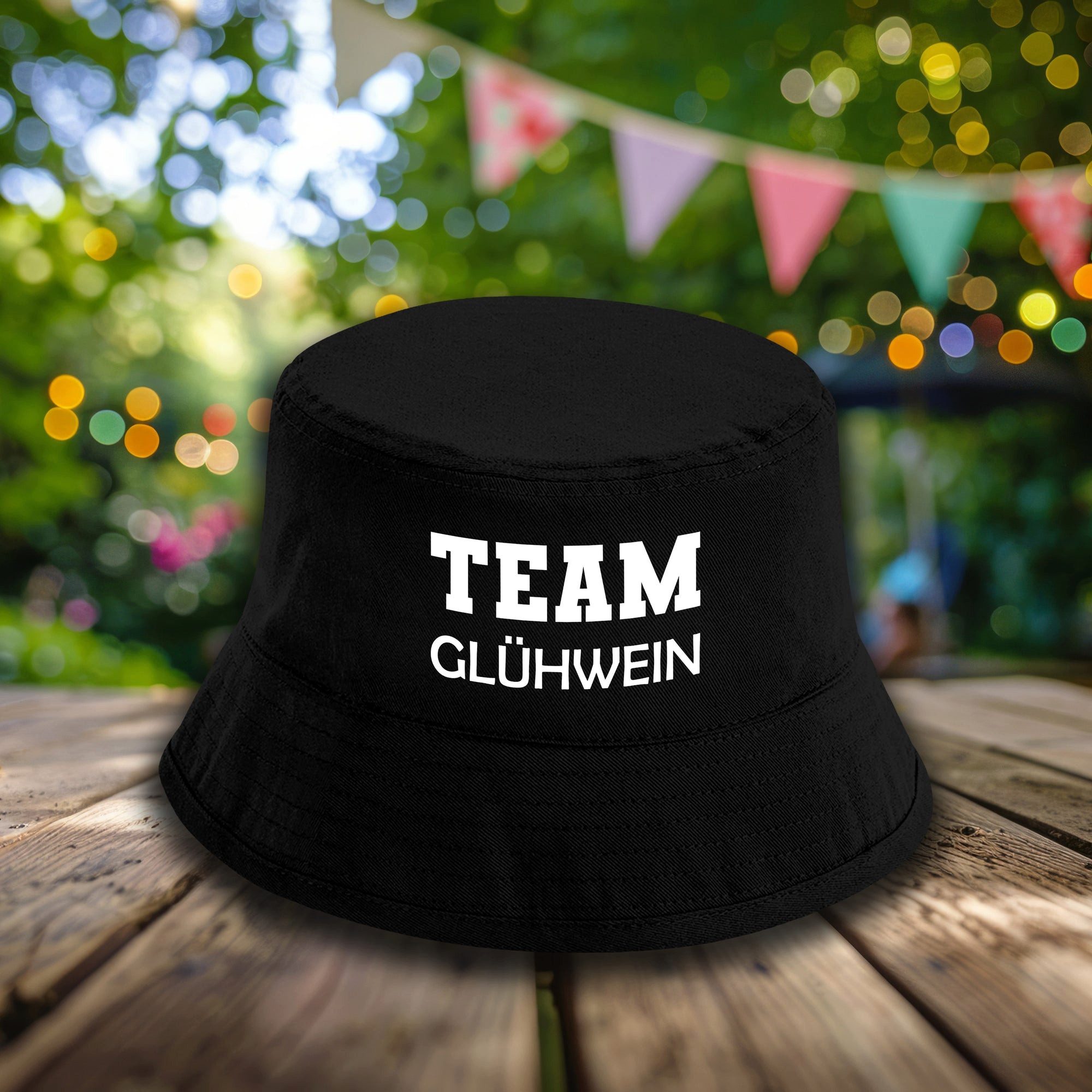 Herzbotschaft Fischerhut Team Glühwein (Unisex Einheitsgröße, Bucket Hat mit Spruch, Festivalhut, Sonnenhut) für Damen & Herren