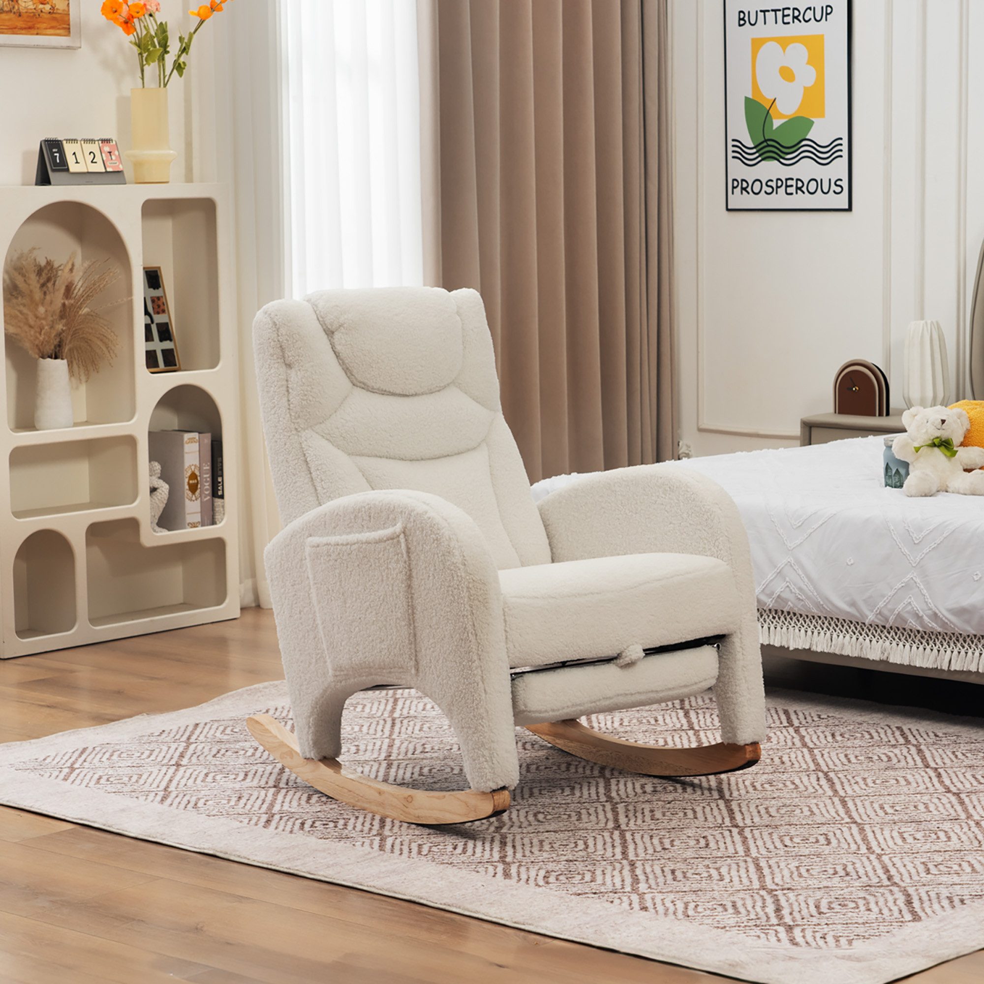 Odikalo Schaukelstuhl Relaxsessel Polsterstuhl Gartenstühle mit Armlehnen und Rückenlehne (Wohnzimmerstuhl mit Armlehne gepolsterter Schaukelstuhl Akzentstuhl für Schlafzimmer weißer Teddy-Stoff 110 kg Tragkraft)
