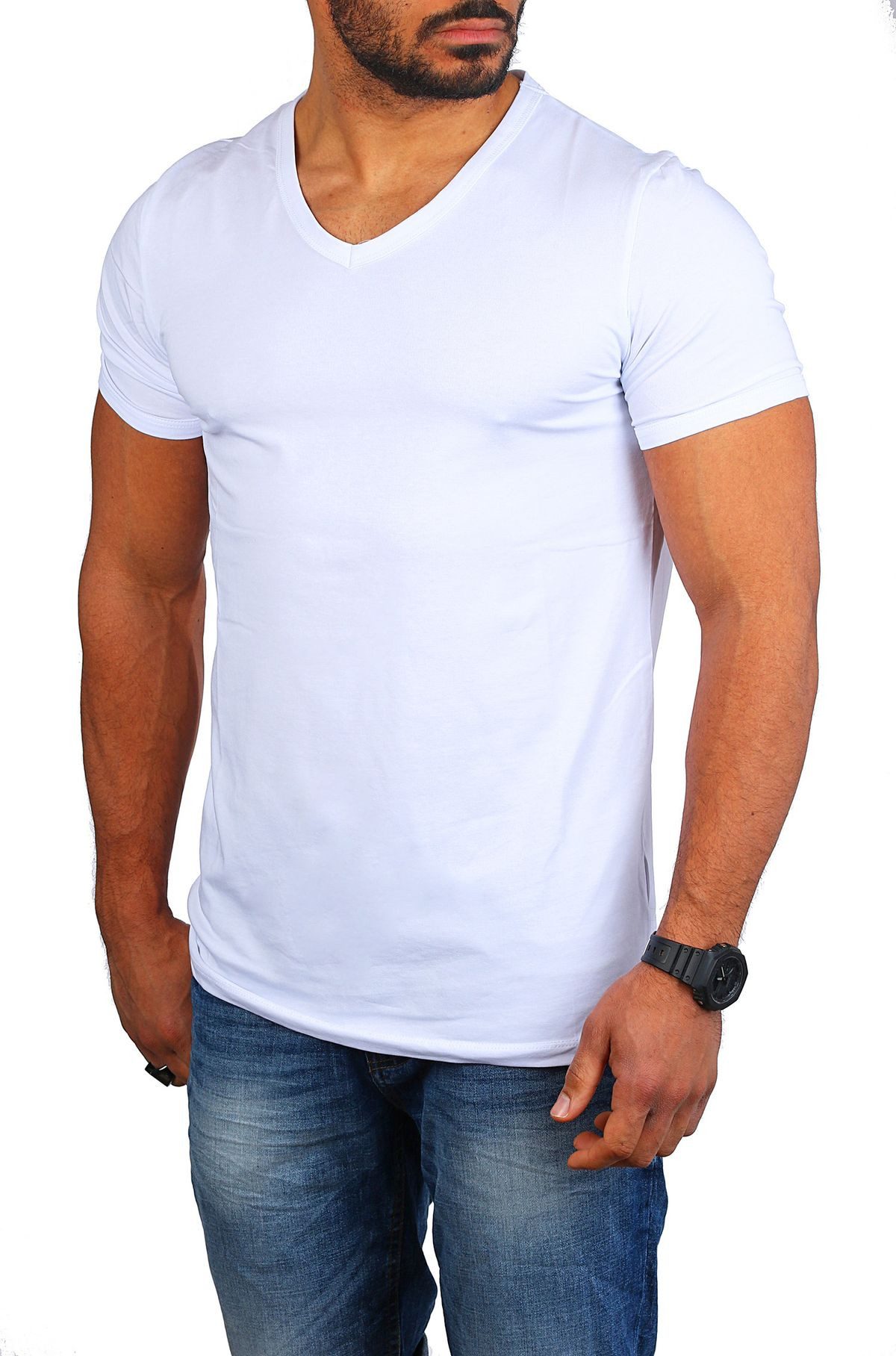 T-Shirt Herren Uni Basic tief-breit geschnittener V-Ausschnitt v-neck 4644