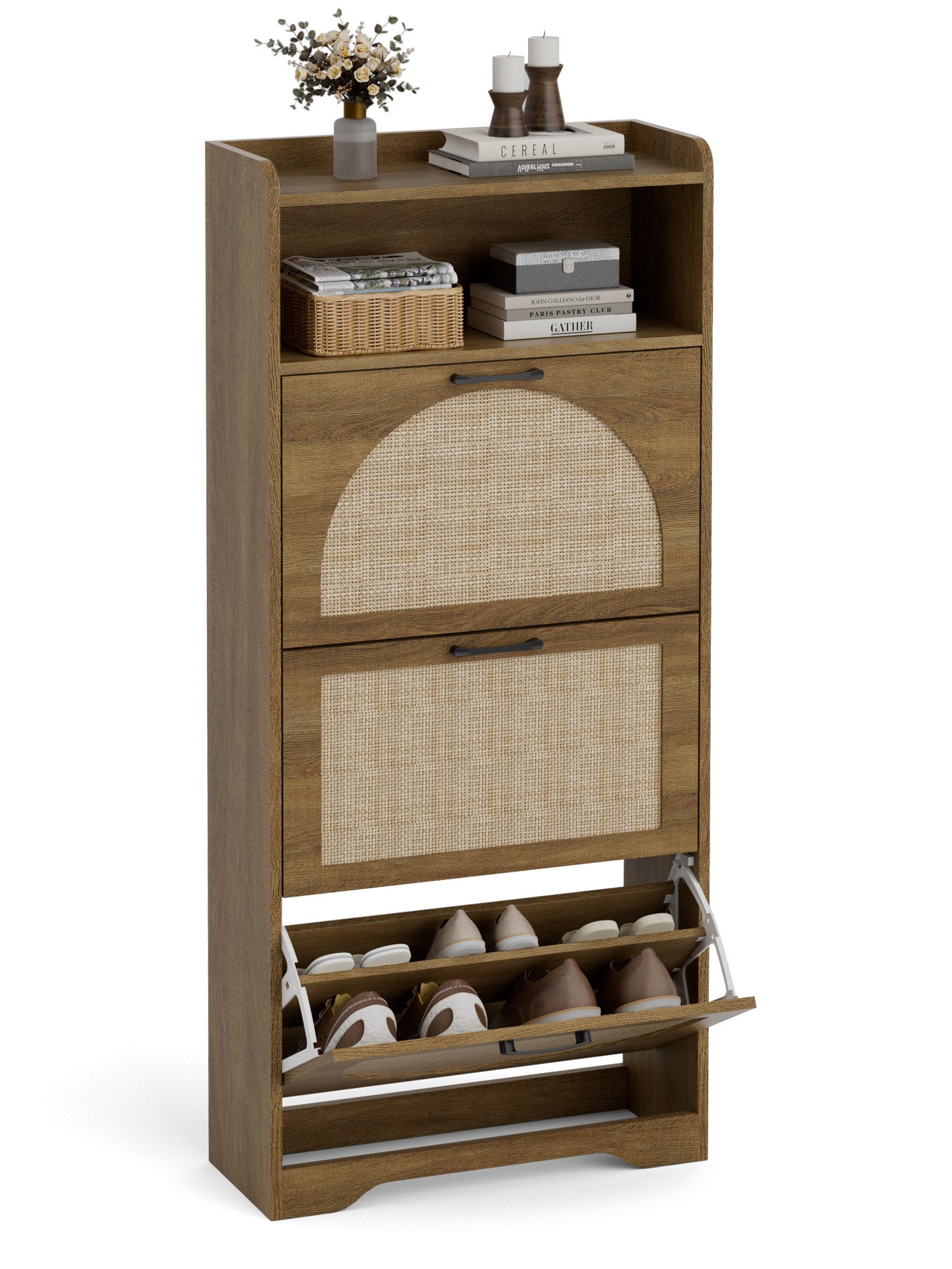 FiveWillowise Schuhschrank mit Rattan-Finish, 3 Türen & offenem Bereich, Braun, 60 × 24 × 137 cm (1-St) mit verstellbaren Fächern, ideal für Diele, Wohnzimmer und Flur