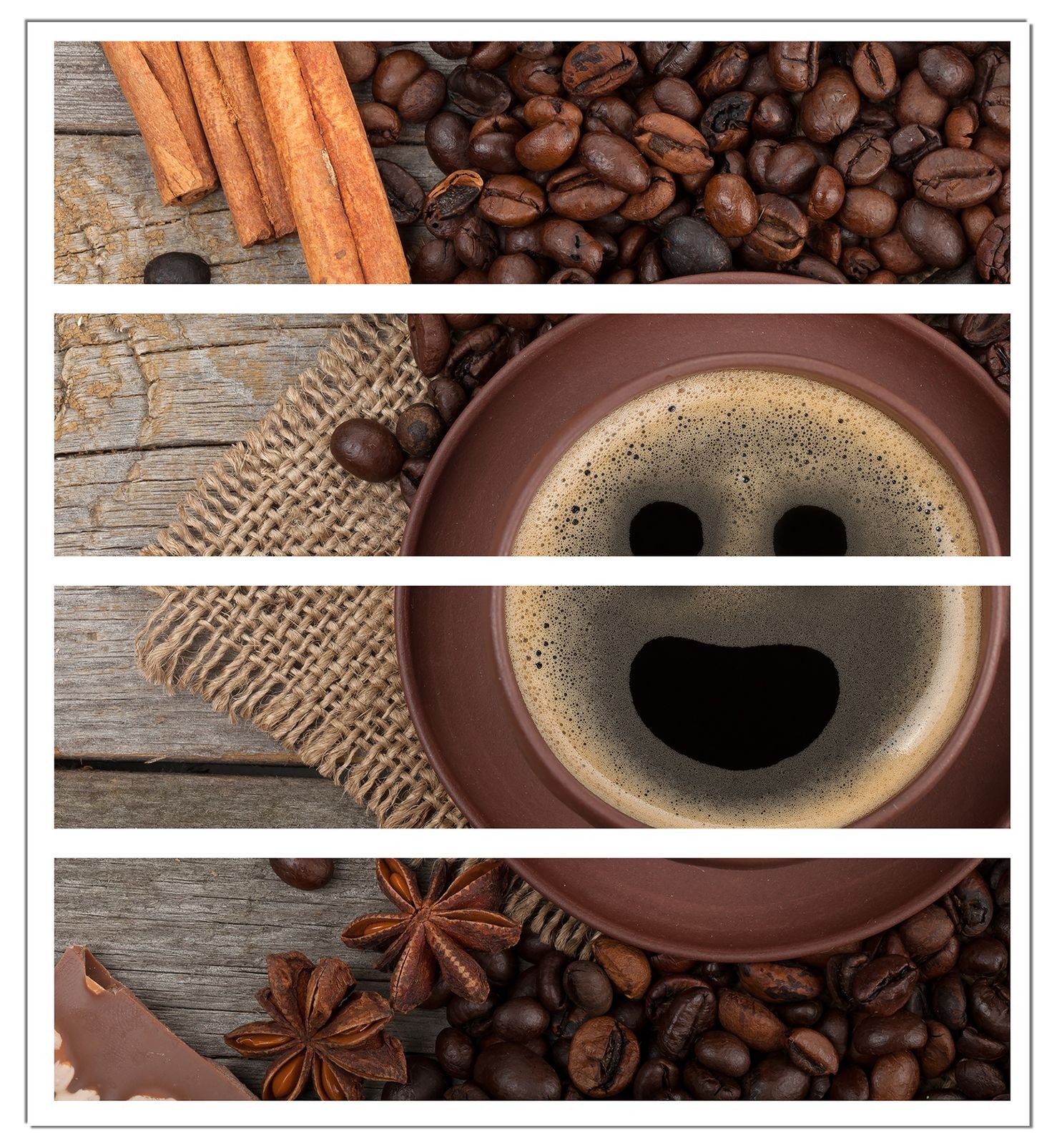 Wallario Möbelfolie Lustige Kaffeetasse mit einem Lächeln - Kaffeebohnen und Zimt