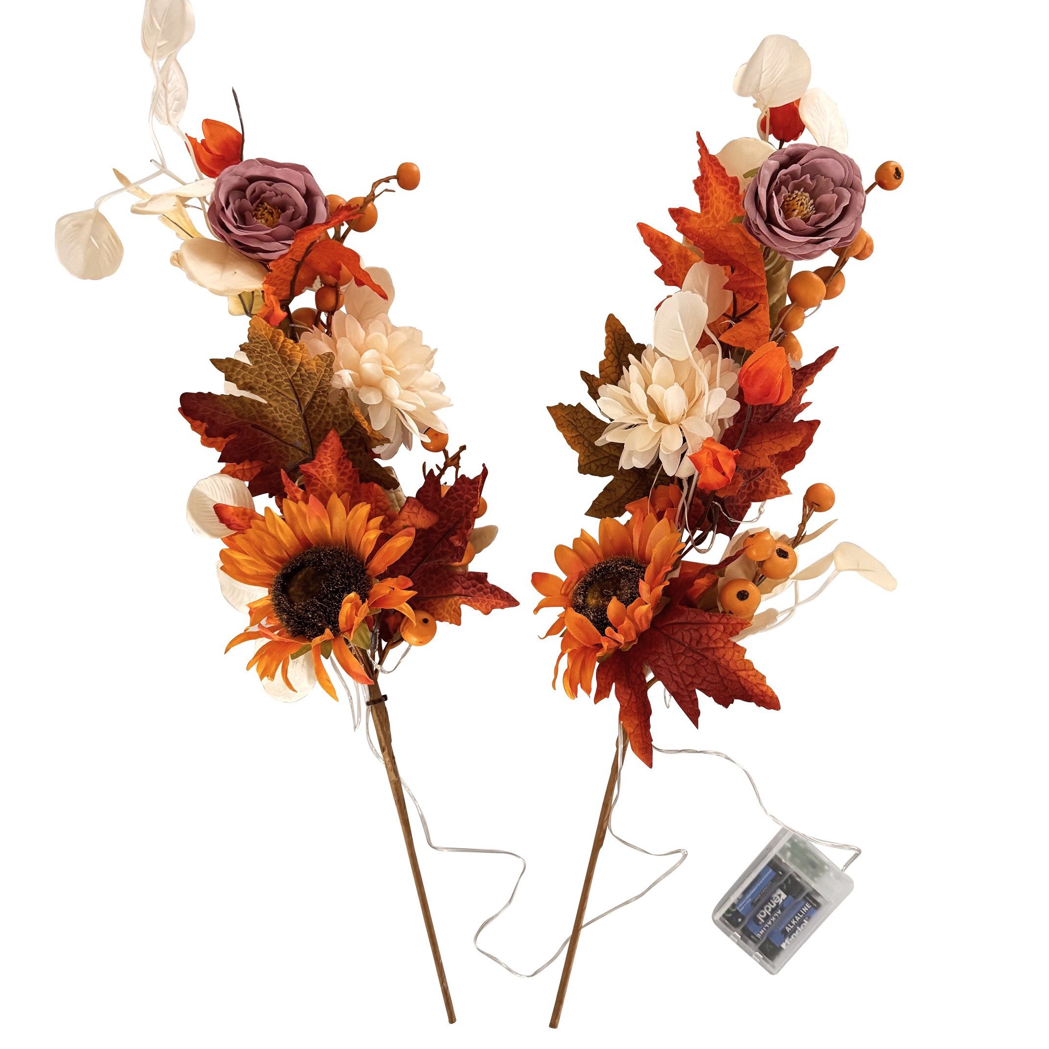 Kunstzweig 2 Deko Zweige mit LED-Lichterkette und Timer - Herbstdeko mit Sonnenblumen, Chrysanthemen & Herbstlaub, Online-Fuchs, Leuchtzweige inklusive 6-Stunden Timerfunktion