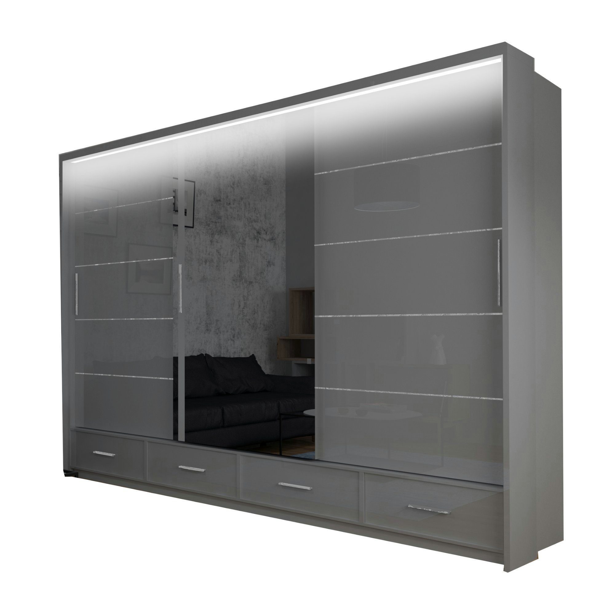 MOEBLO Kleiderschrank Cylia (Schwebetüren, grau/schwarz/weiß Schwebetürenschrank 2-türig Schrank Garderobe Schiebtüren Schlafzimmer, mit LED-Beleuchtung Kleiderschrank mit Schubladen und Spiegel) - (BxHxT): 153/203/253x220x66cm